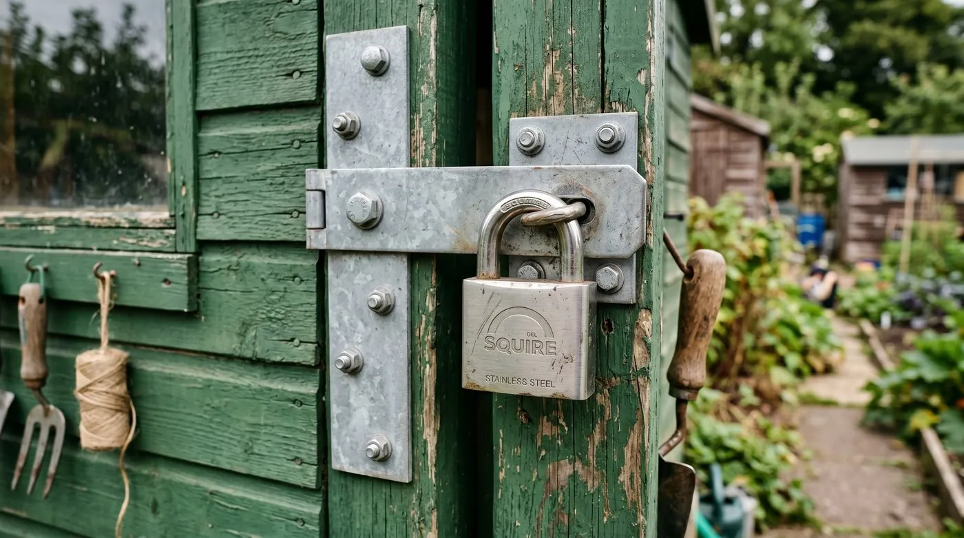 Hasp-and-staple padlock with a heavy-duty stainless steel closed shackle padlock fitted to the door of a green timber UK allotment shed