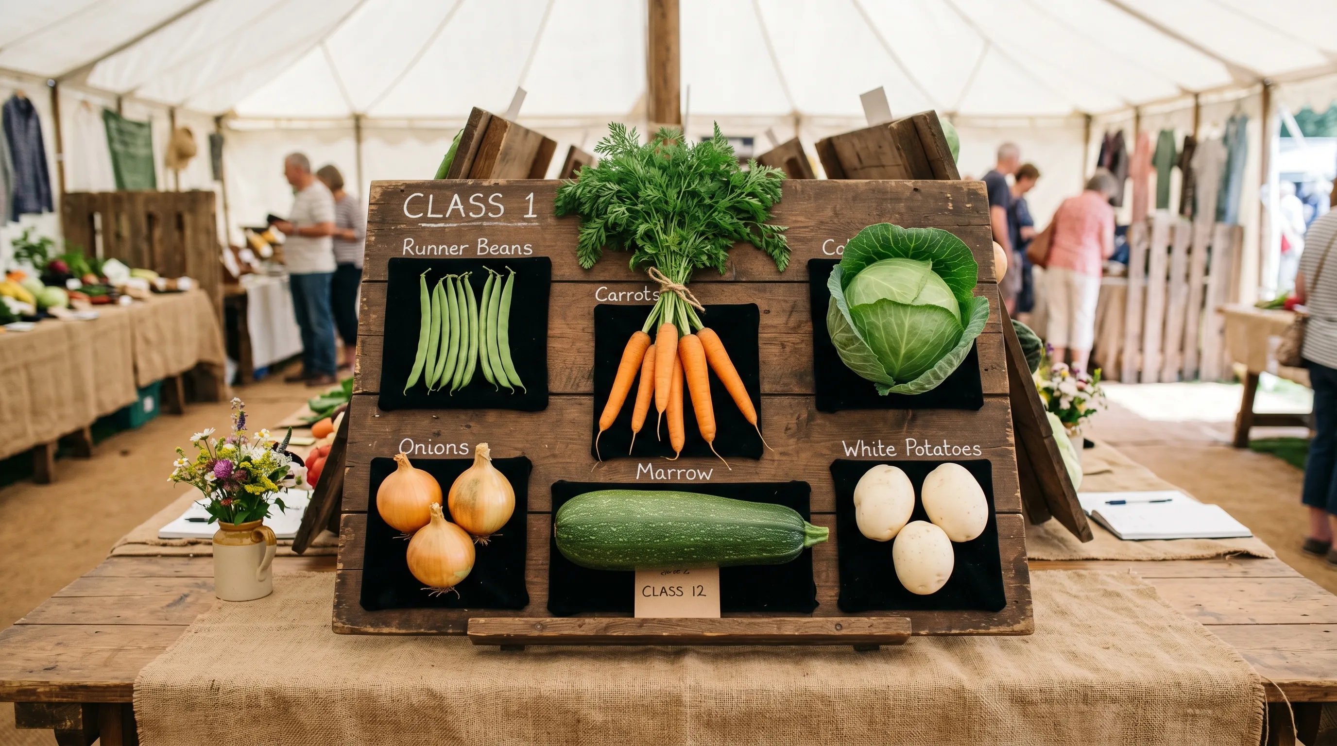 A staged collection of seven matched vegetables on an angled display board with hessian backing at a UK allotment show
