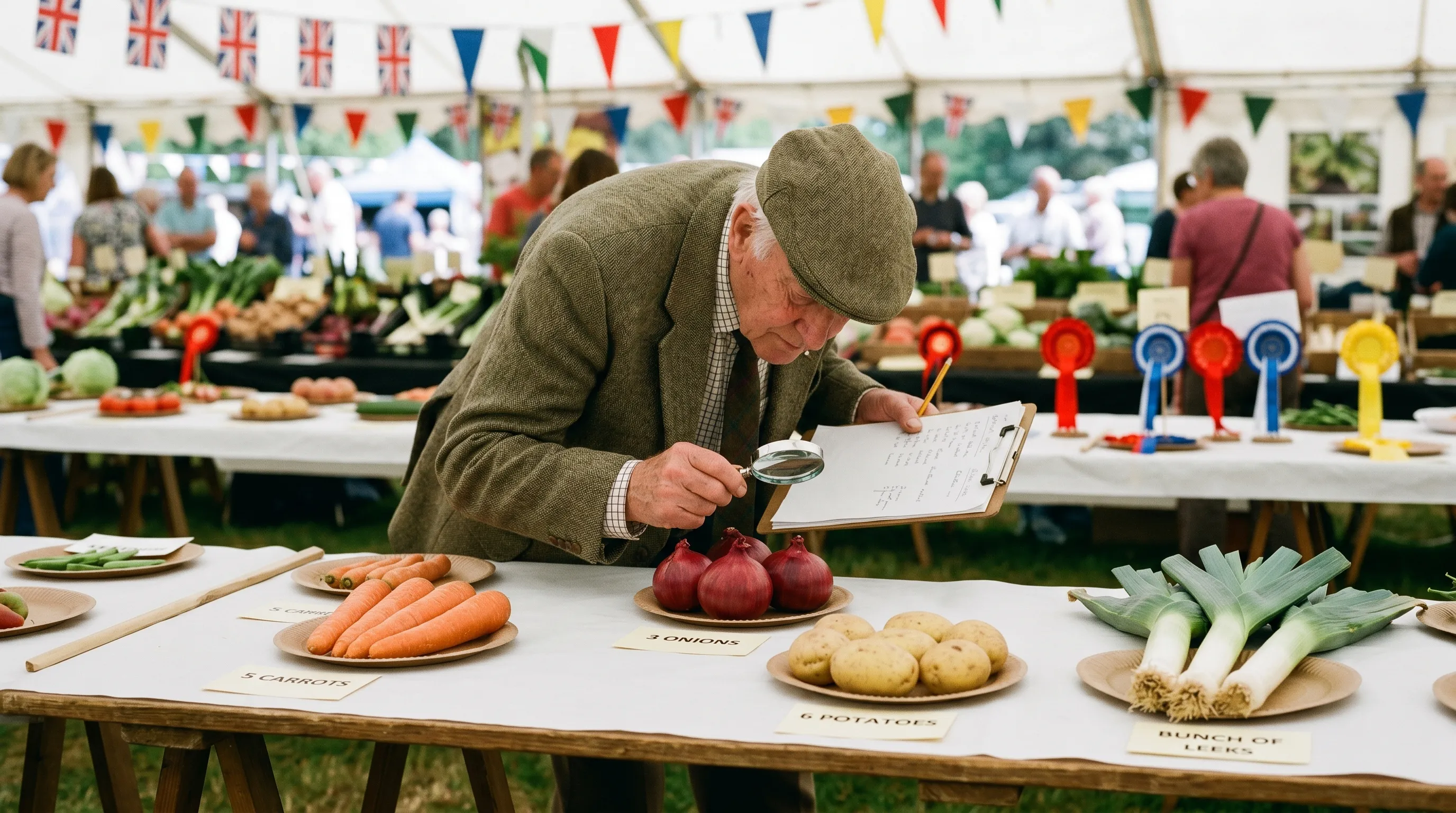 A UK allotment show judge in a flat cap and tweed jacket examining matched onions with a magnifying glass at a trestle table draped with white paper