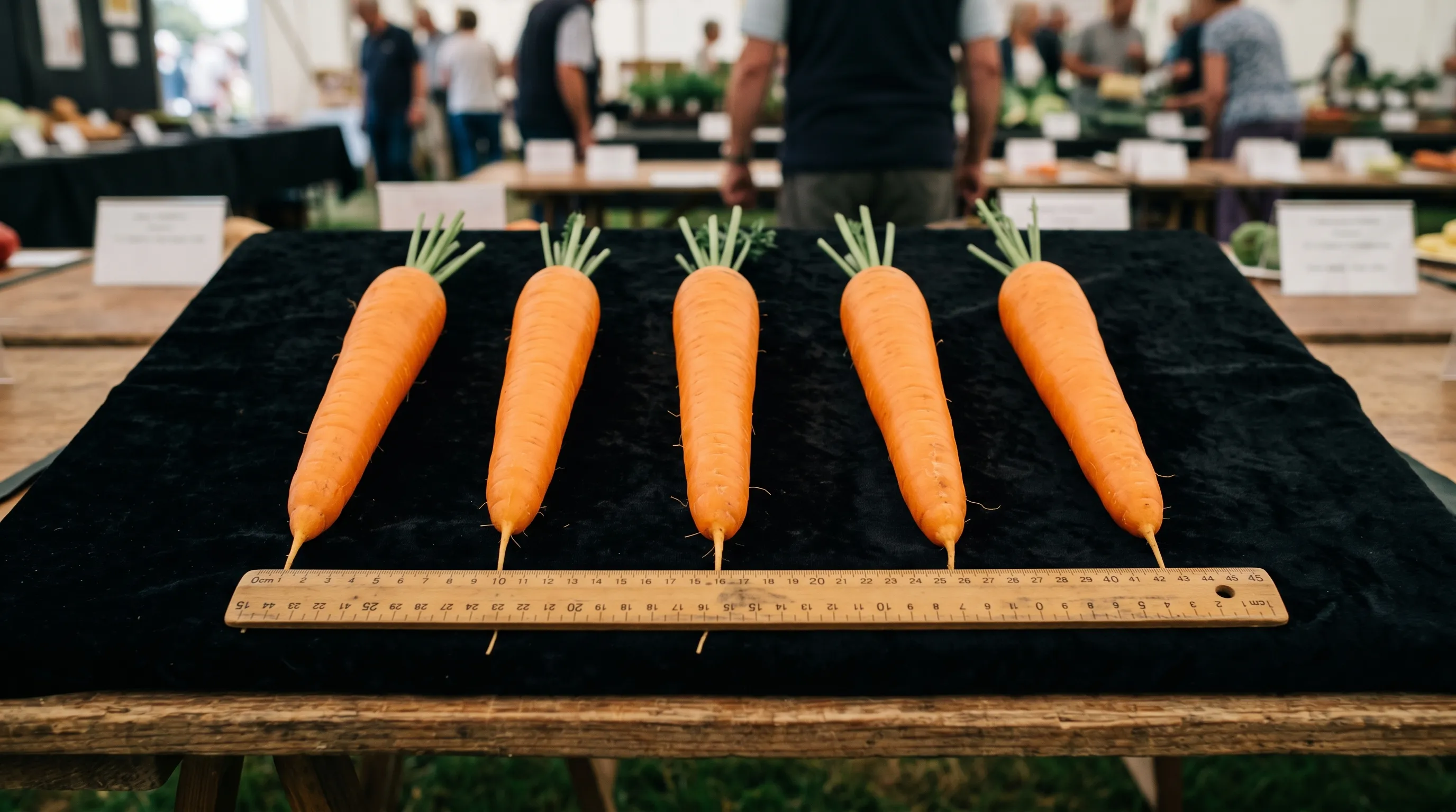 Five identical long pointed carrots laid in precise row on black velvet on a UK show table with a wooden ruler measuring 45cm length