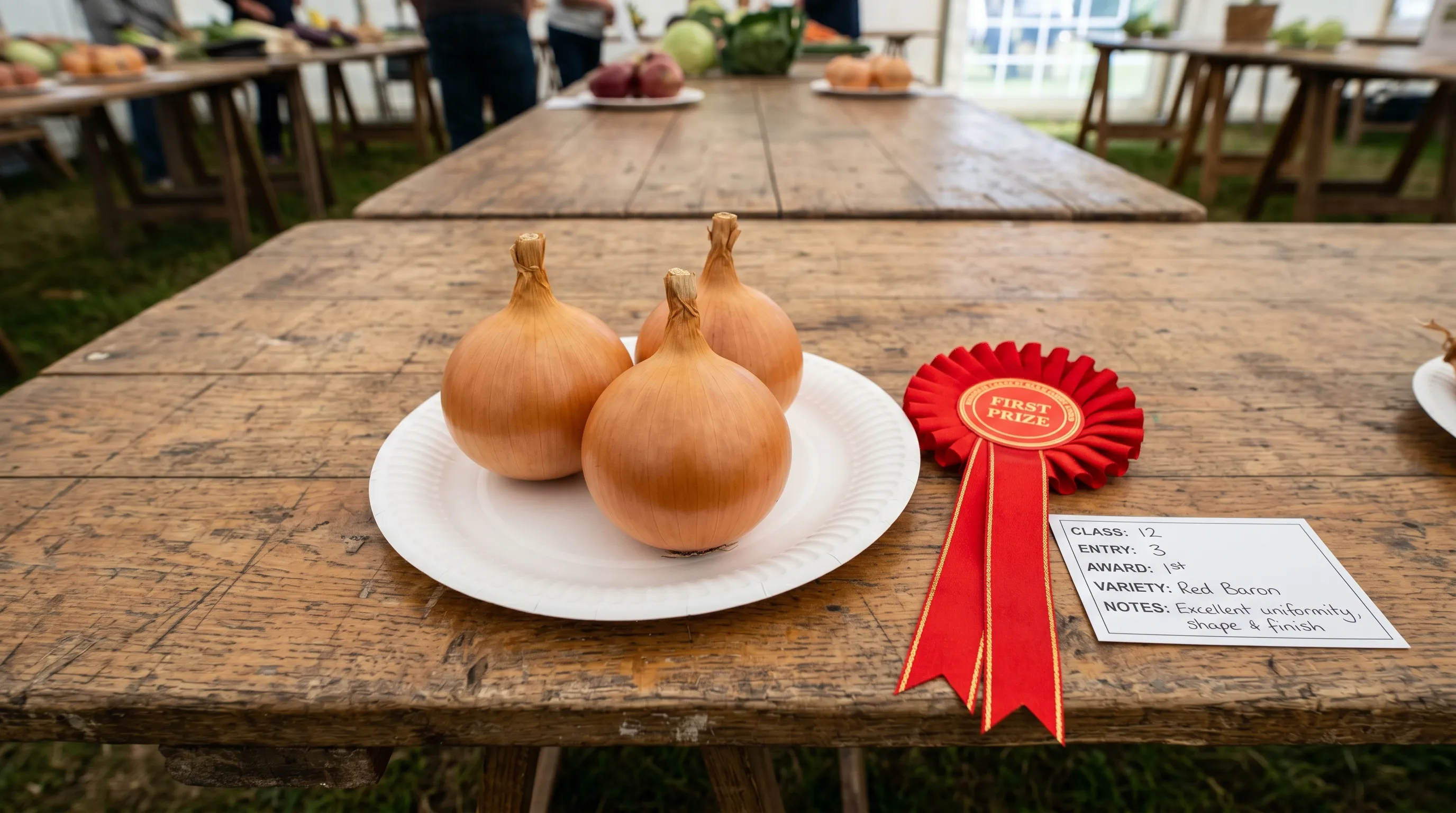 Top-down view of three perfectly matched brown onions on a paper plate with a small judging card and red first-prize rosette at a UK allotment show