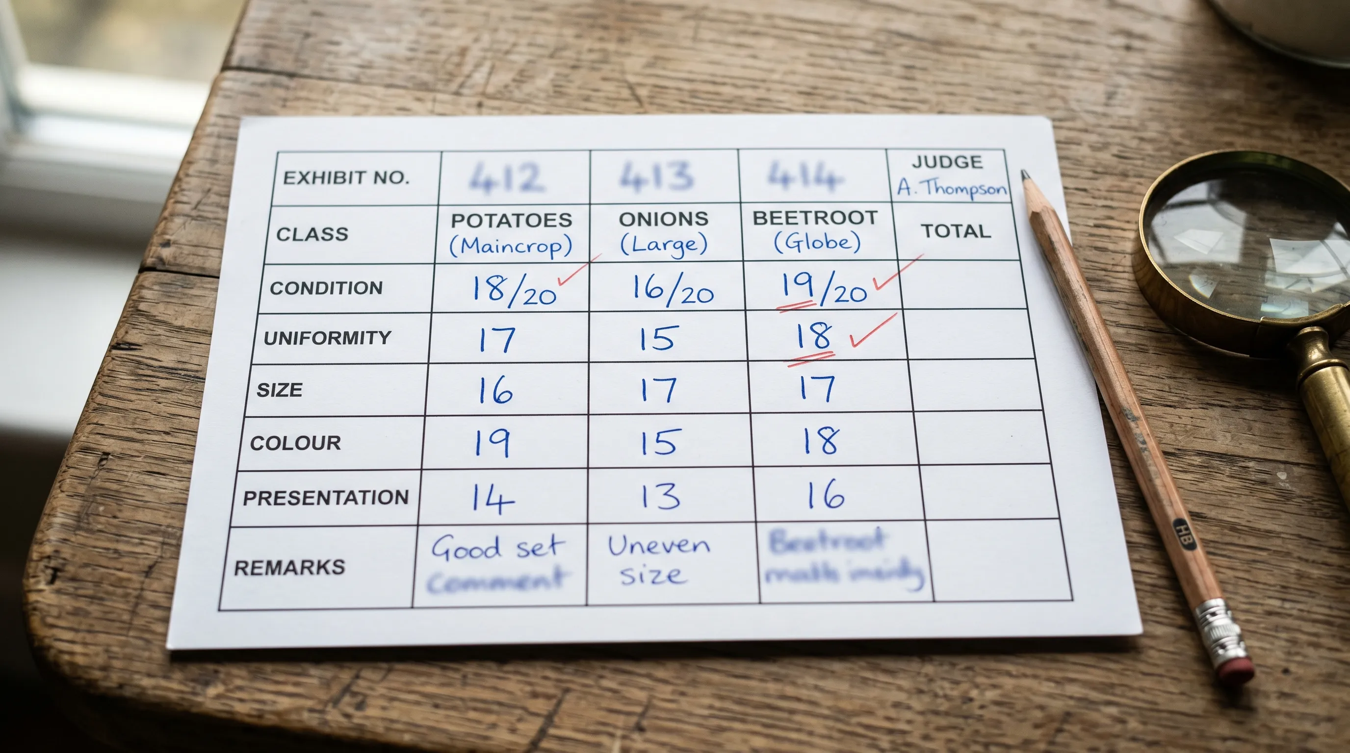Close-up of a paper score card with handwritten ink scores and a wooden pencil and magnifying glass on a UK show judging table