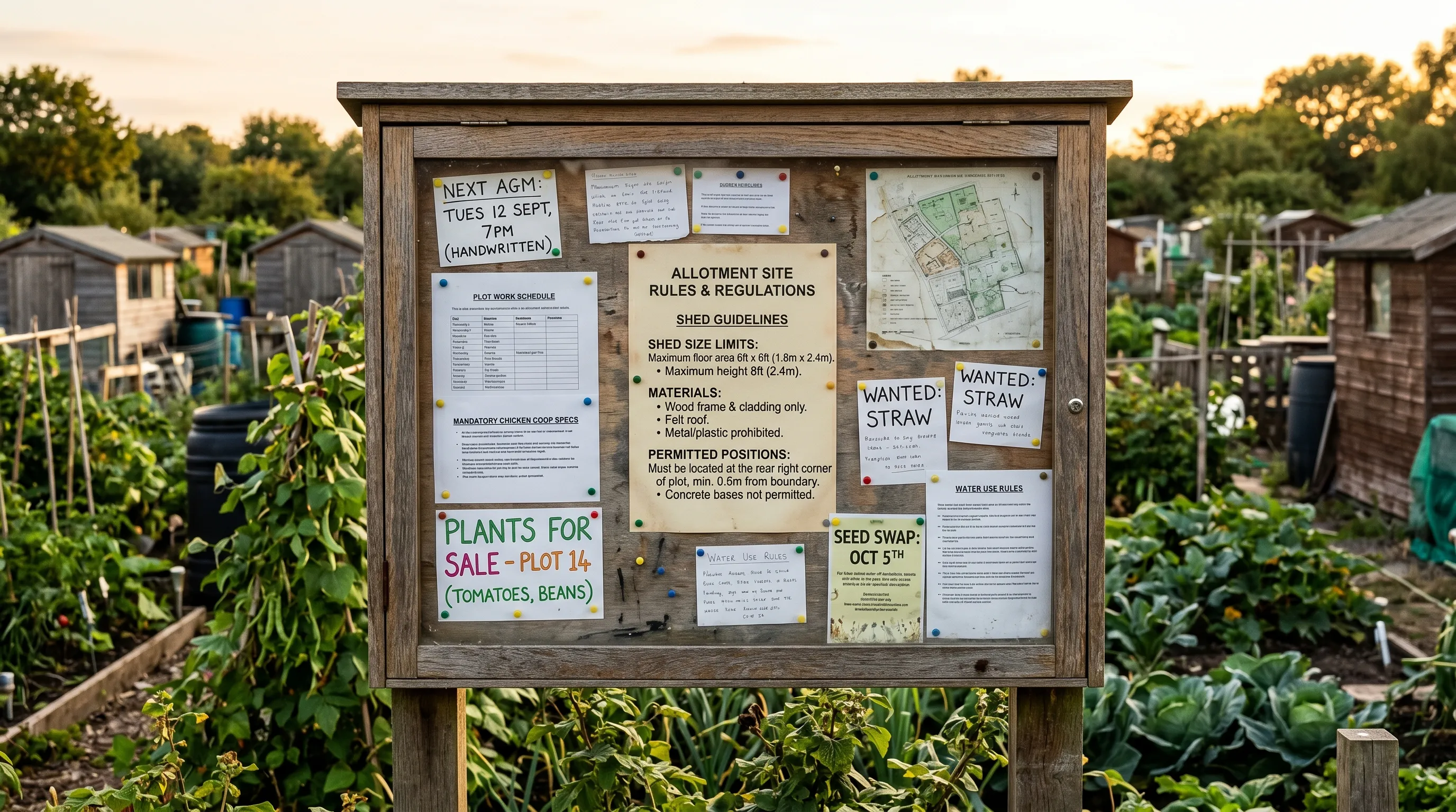 UK allotment site noticeboard showing council rules pinned about shed size limits materials and permitted positions