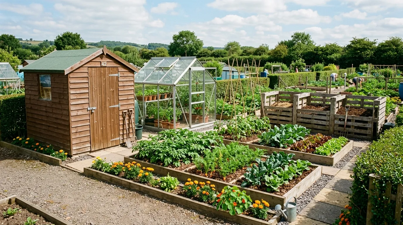 An allotment plot with a shed greenhouse and raised beds growing vegetables