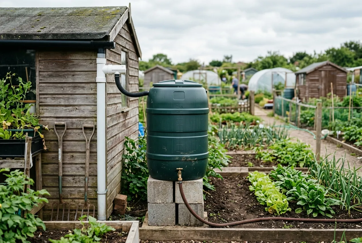 Allotment water butt setup connected to shed guttering with downpipe diverter on a UK allotment plot