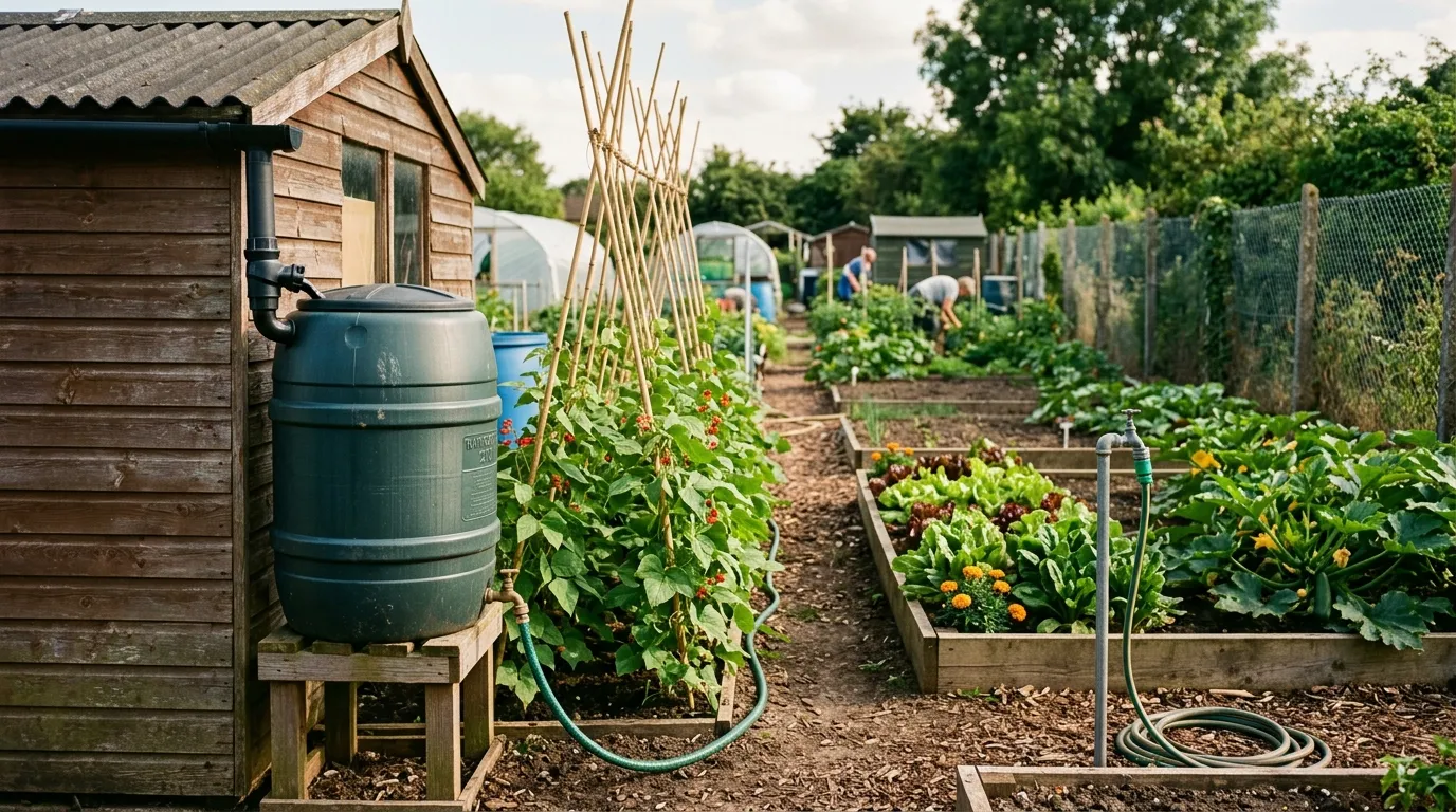 Allotment water supply solutions including water butts and drip irrigation on a UK allotment plot in summer