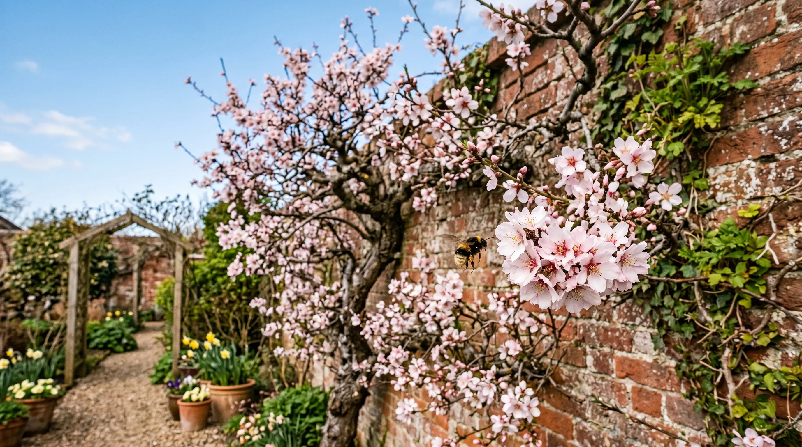 Mature almond tree on a south-facing brick wall in a UK garden in early March with pink and white blossom open against a clear sky and bumblebee approaching