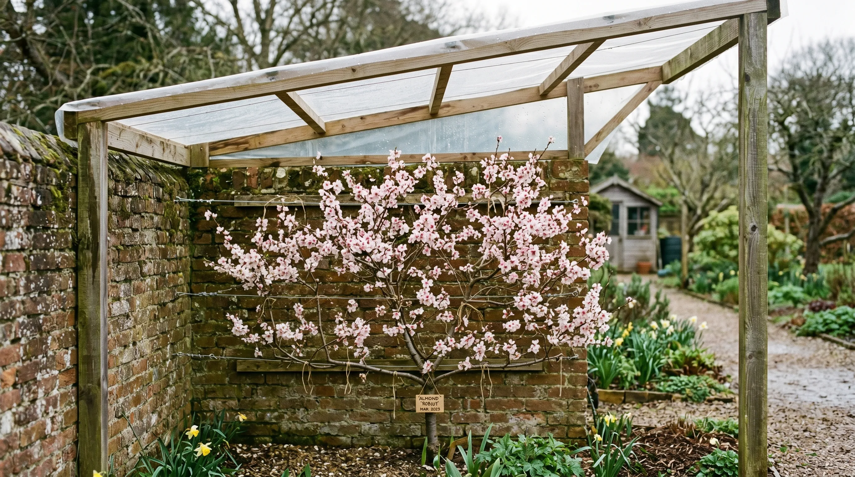 A young UK almond tree fan-trained against a brick wall with a clear polythene overhead canopy on a wooden frame protecting the blossom from rain and frost in early March