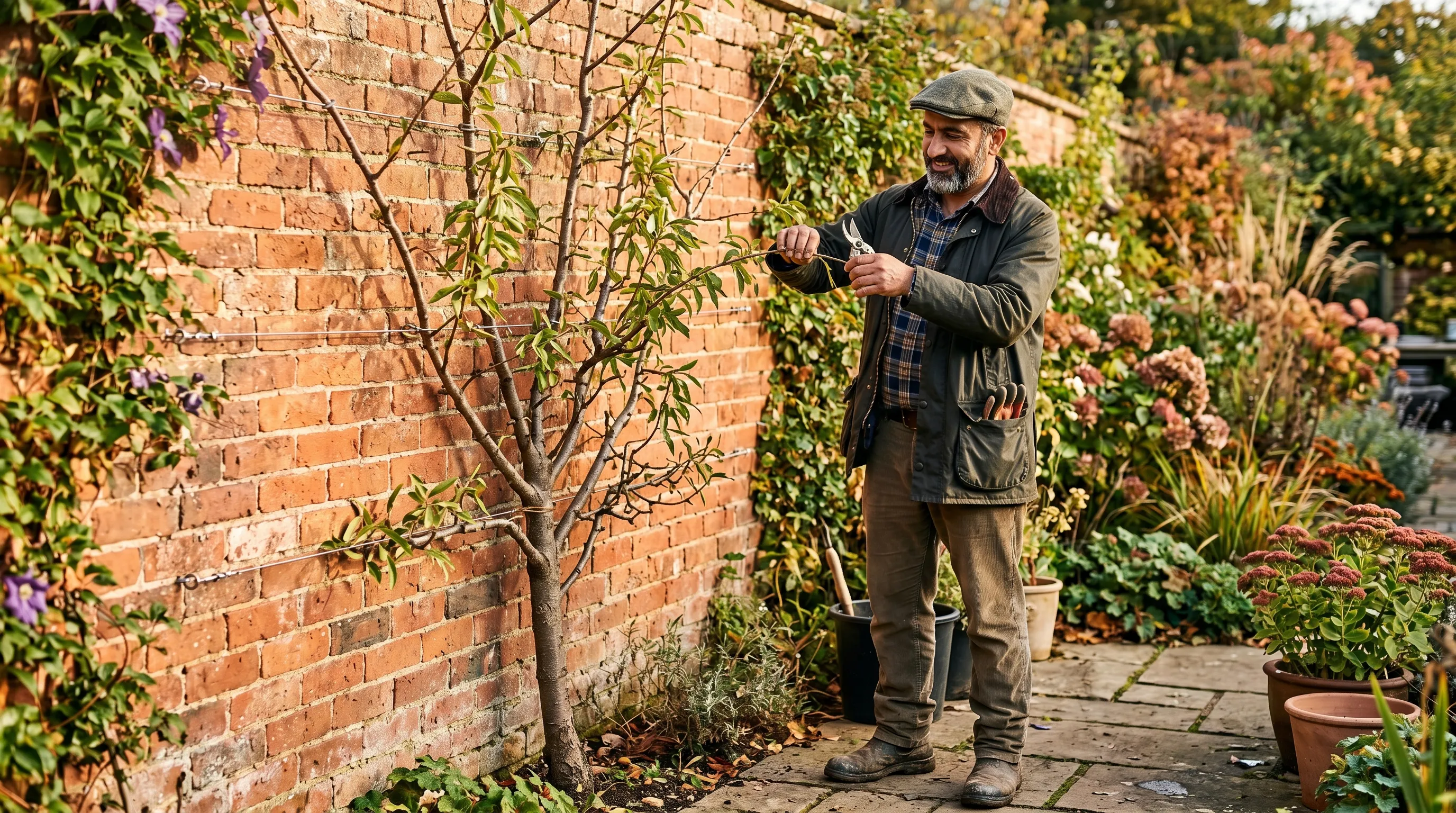 A UK gardener of Pashtun heritage in his forties fan-training an almond tree against a sunny brick wall in early autumn with secateurs and wire ties visible, with the wall trapping warm afternoon light