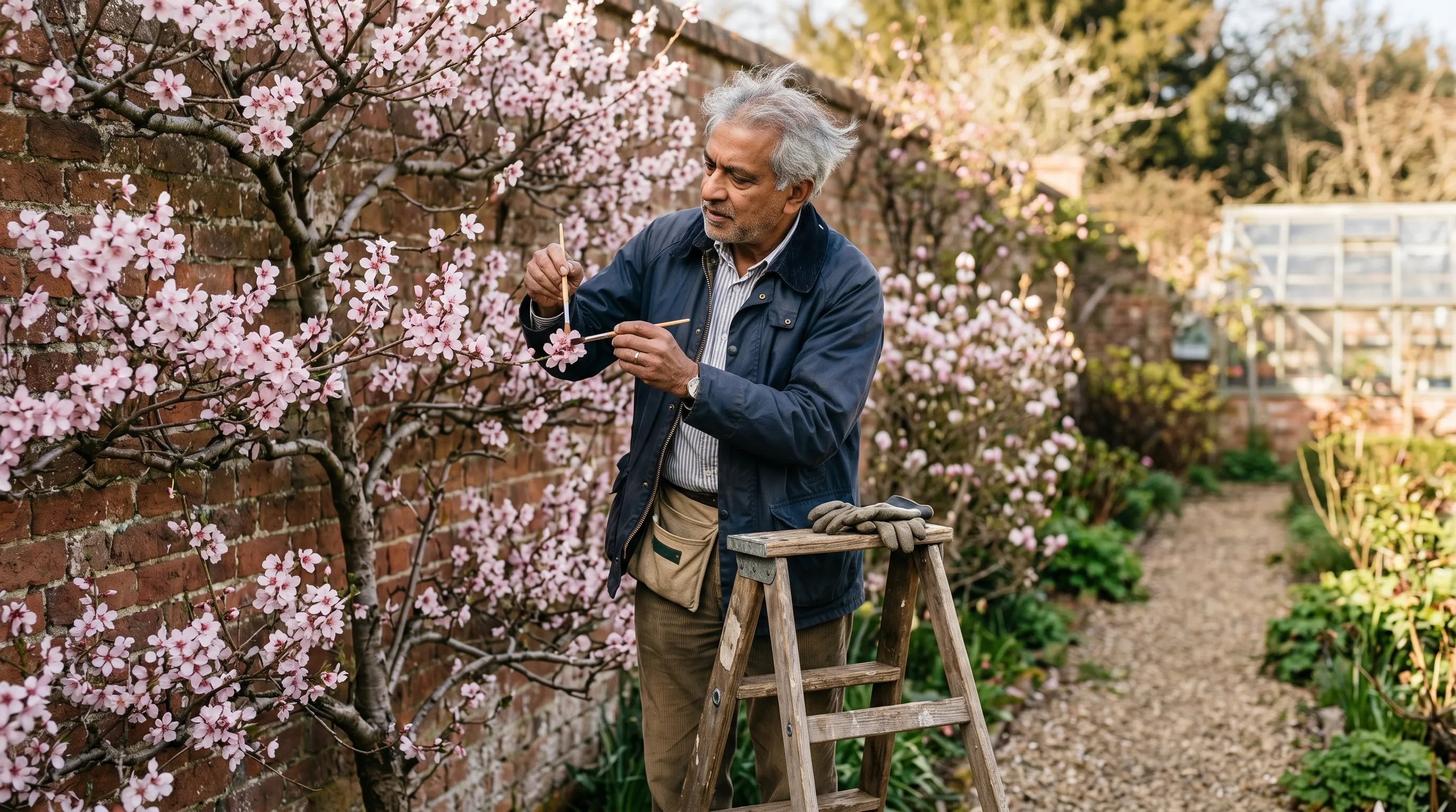 A UK gardener of Indian heritage with grey hair hand-pollinating almond blossom with a soft sable paintbrush on a sunny early March afternoon at the top of a small step ladder beside a fan-trained wall tree