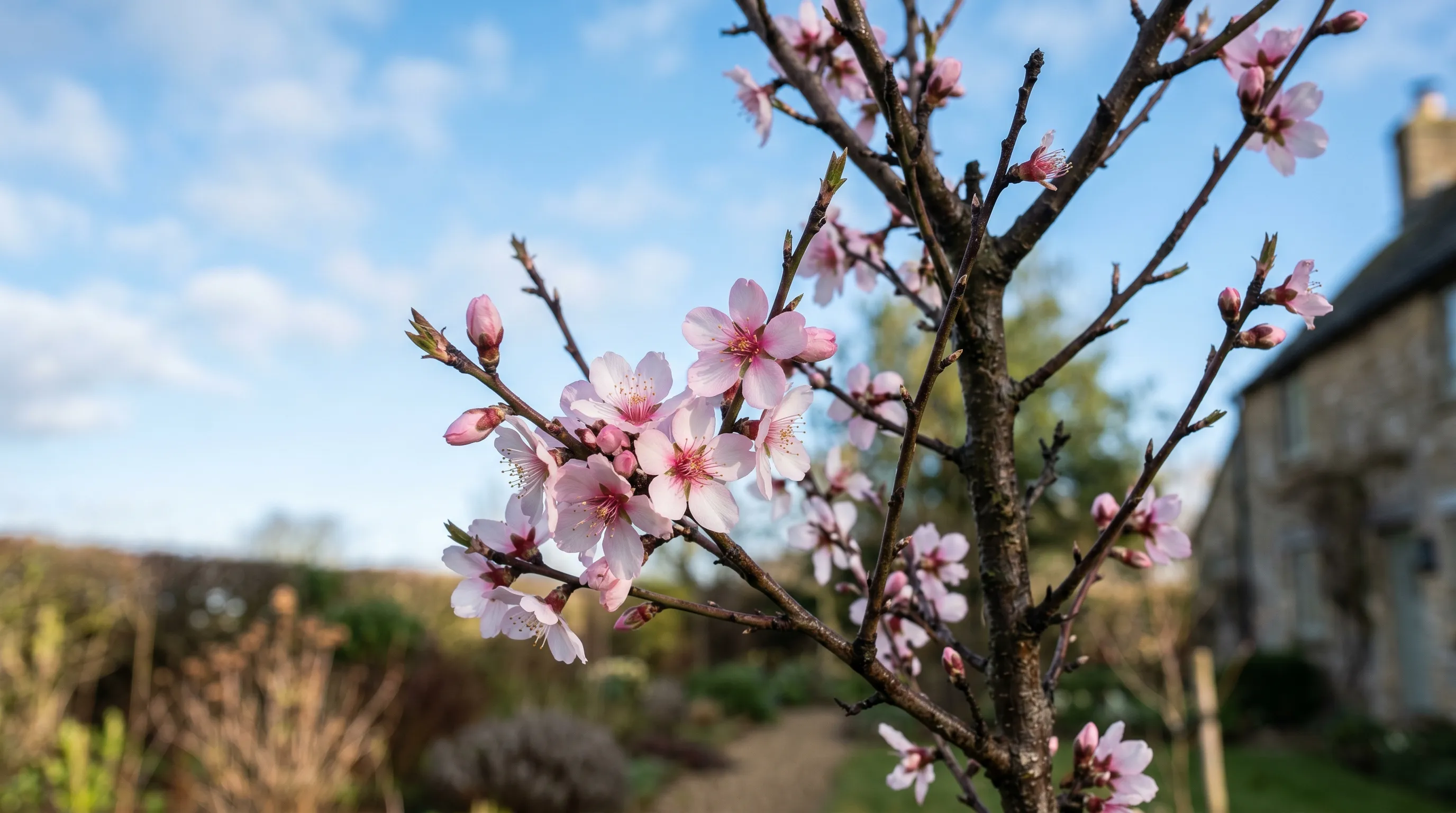 Pink almond blossom on a young UK garden tree in early March against blue sky showing the very early flowering that limits UK cropping