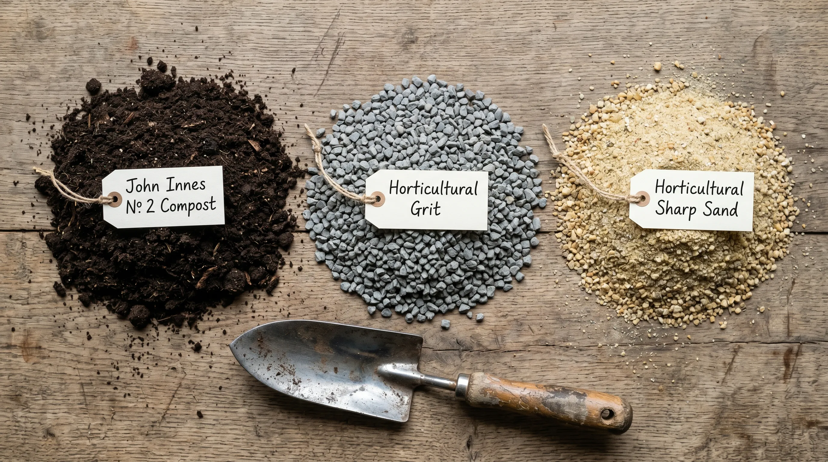 Compost mix ingredients laid out for an alpine trough showing John Innes grit and sharp sand