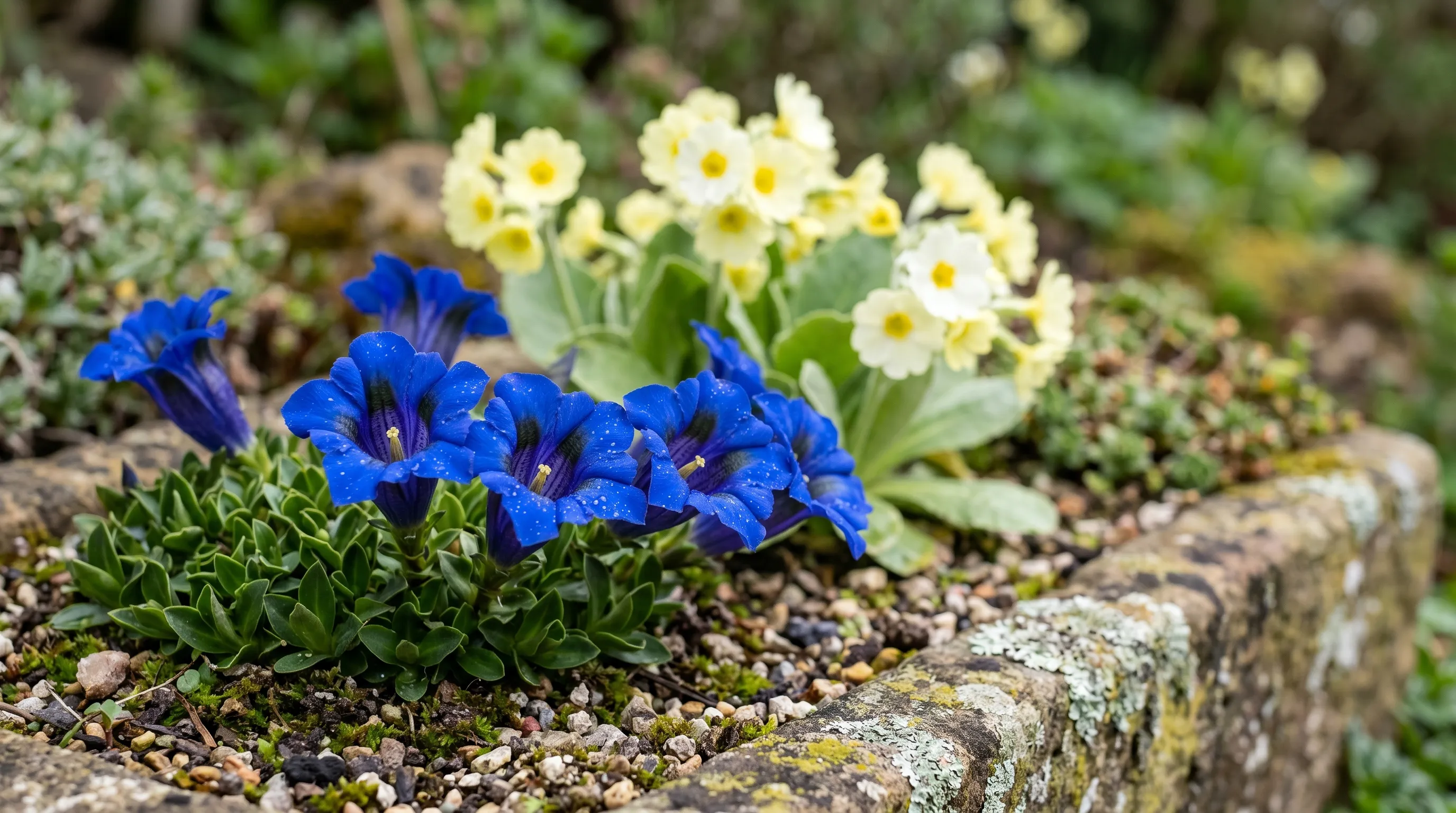 Alpine trough recipe with gentian acaulis and primula auricula in shaded acid mix