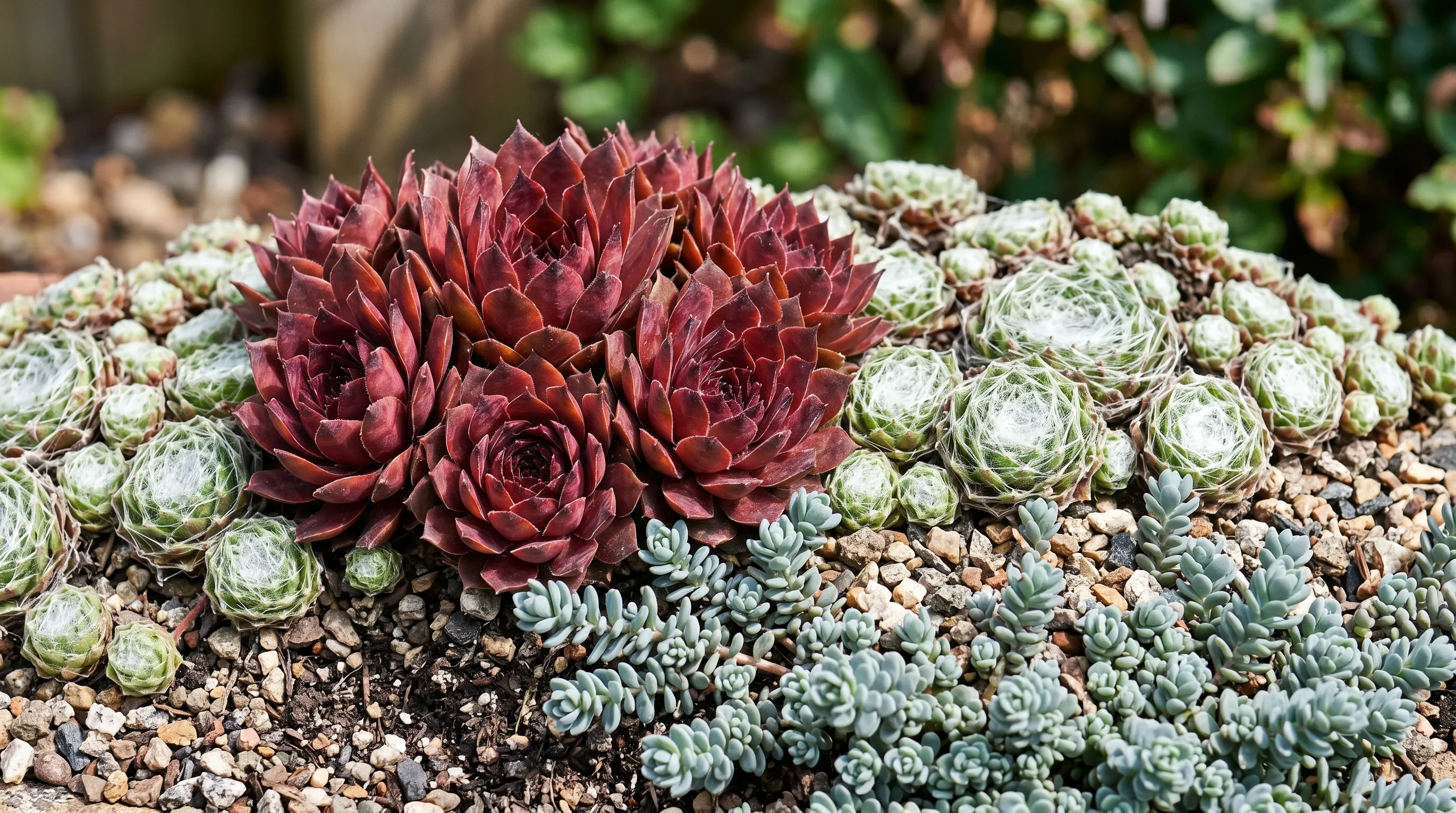 Sempervivums and sedums in a sunny alpine trough showing rosette forms and cascading edges