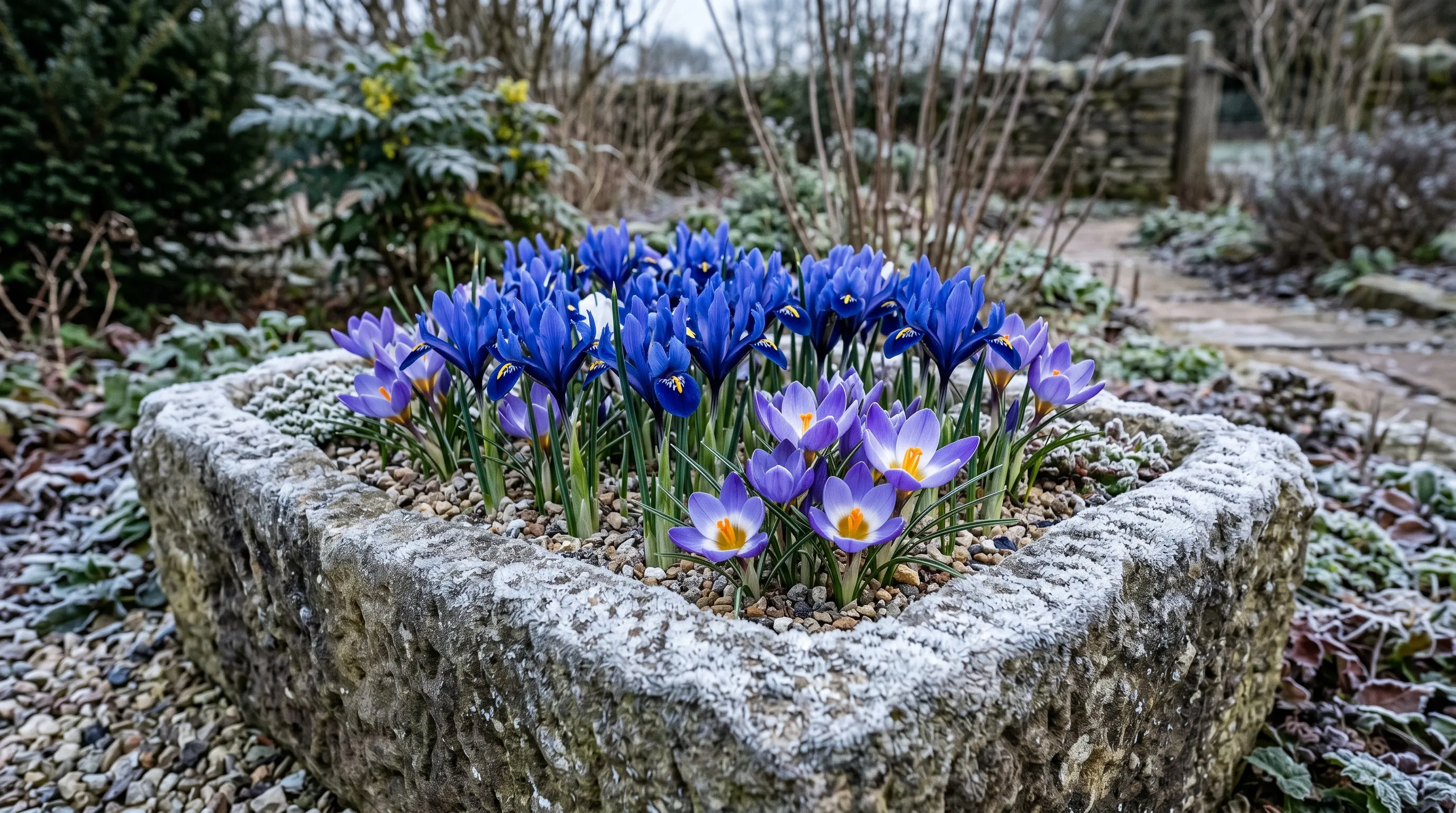 Spring bulbs in an alpine trough including iris reticulata and crocus sieberi in February