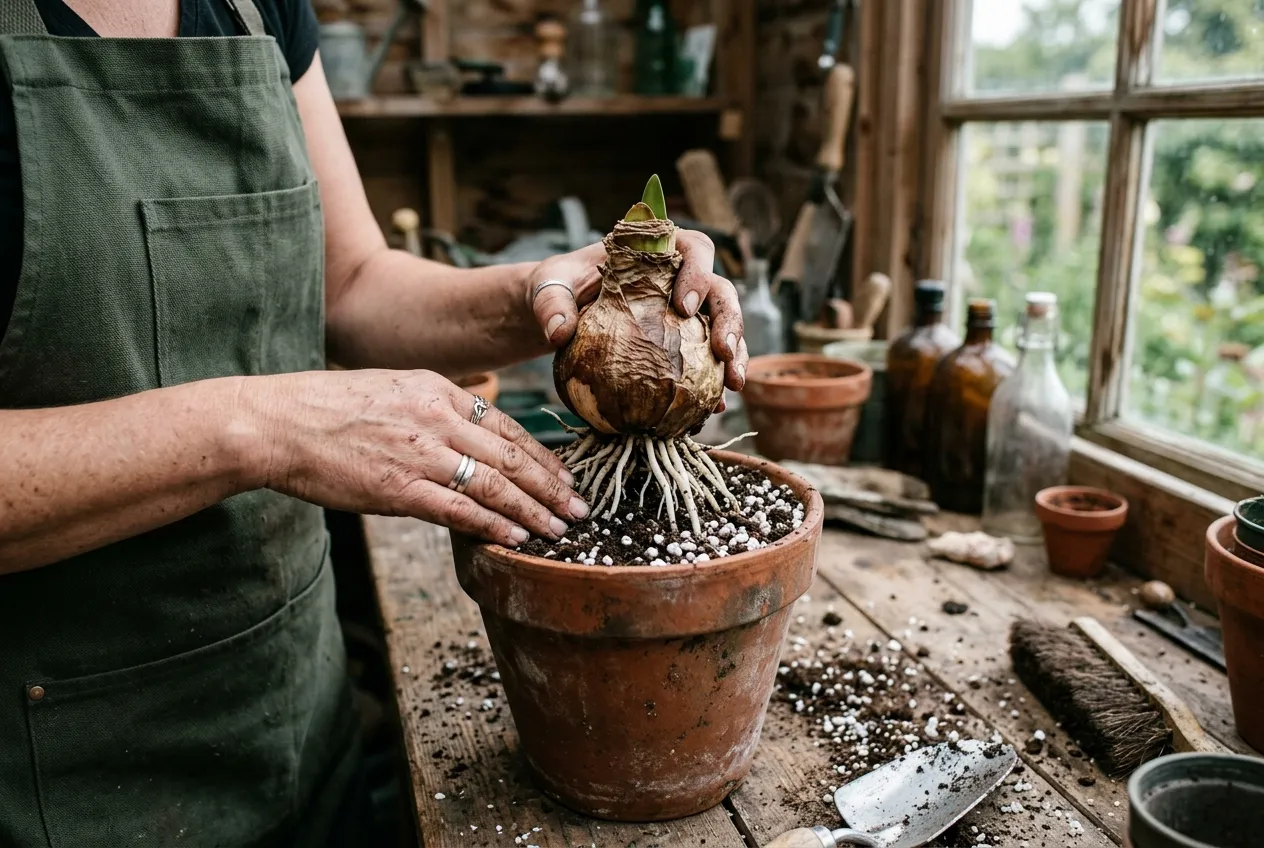 Planting an amaryllis bulb in a terracotta pot with half the bulb above compost level