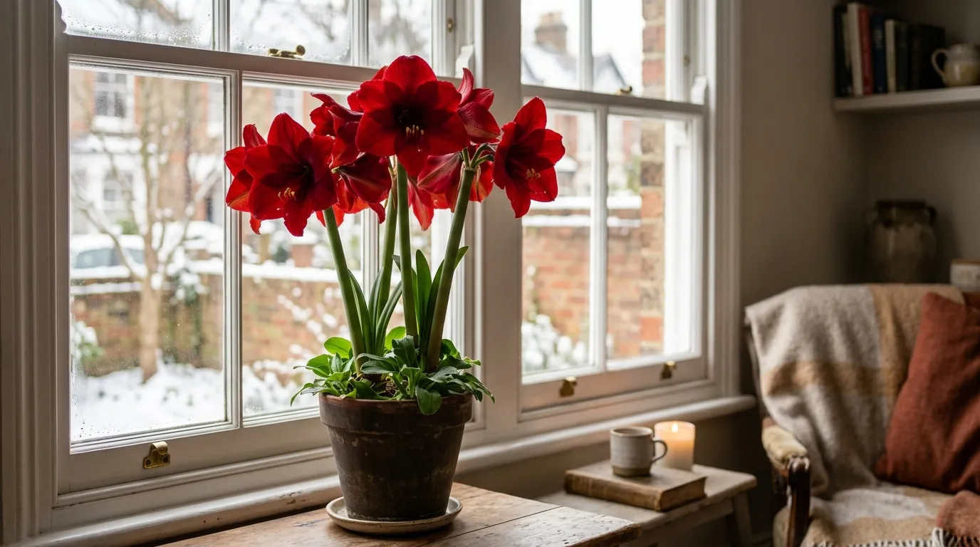 Red amaryllis hippeastrum in full bloom on a bright windowsill with multiple flower stems in a UK home