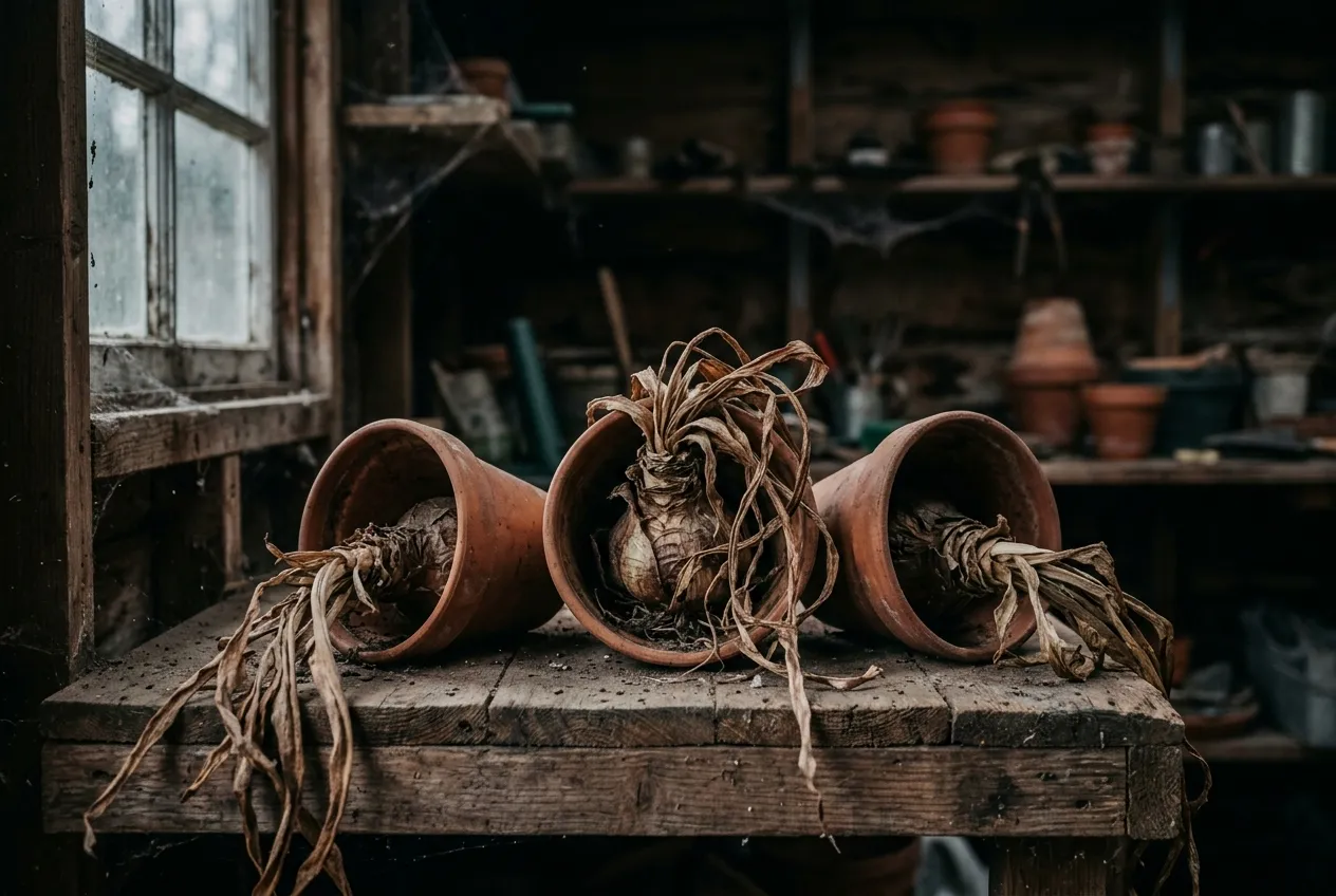 Amaryllis bulbs in dormant period with pots on their side in a cool dark shed