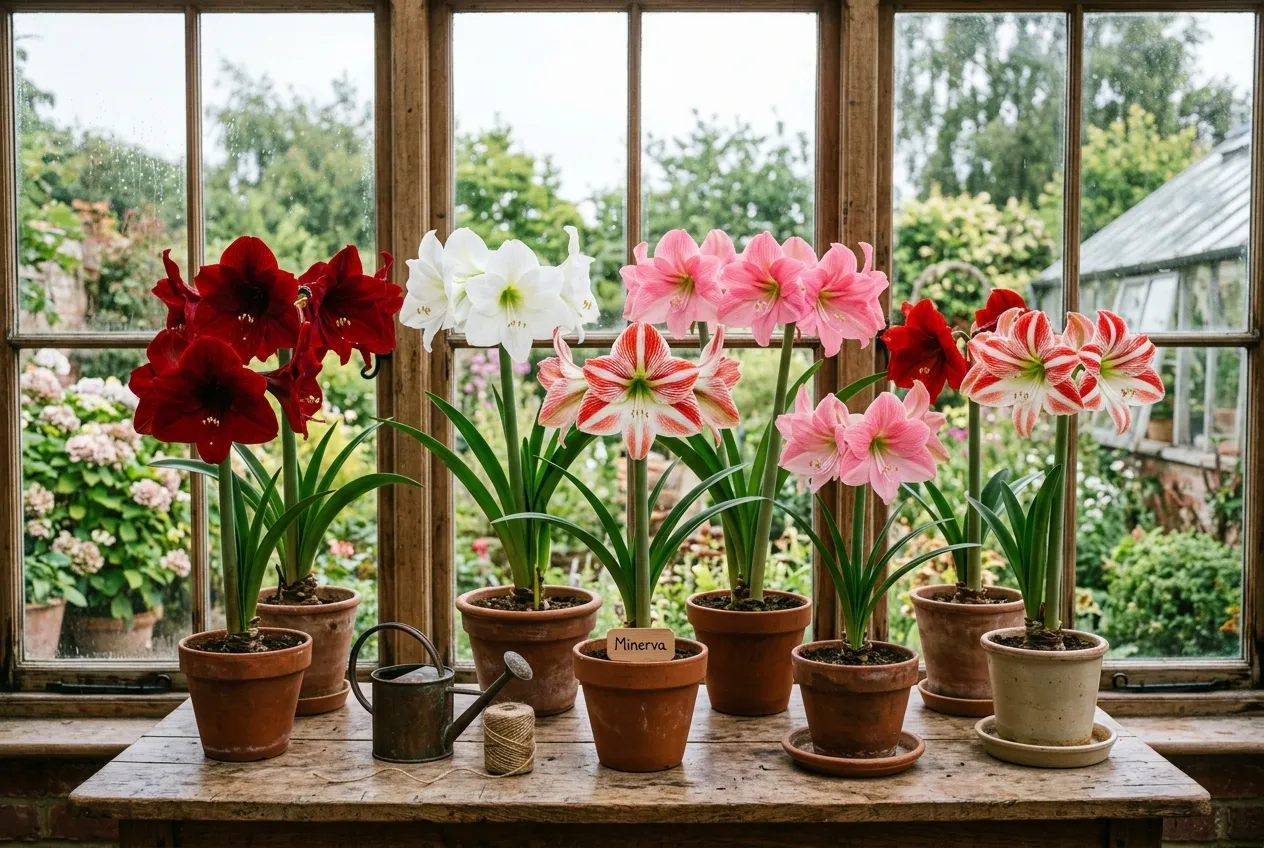 Multiple amaryllis varieties in bloom showing red white pink and striped flowers on a table