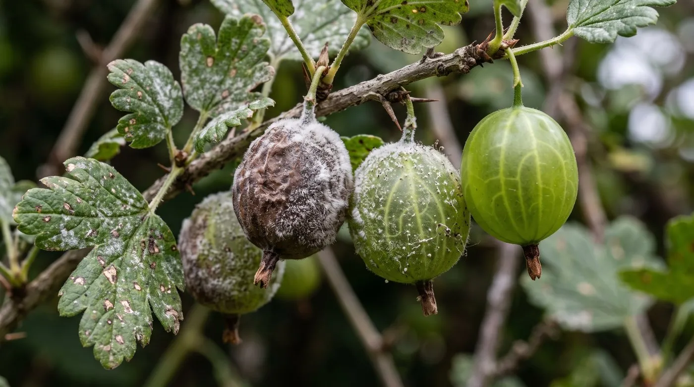 Close-up of gooseberries coated in white powdery mildew turning brown and felted beside a clean green berry