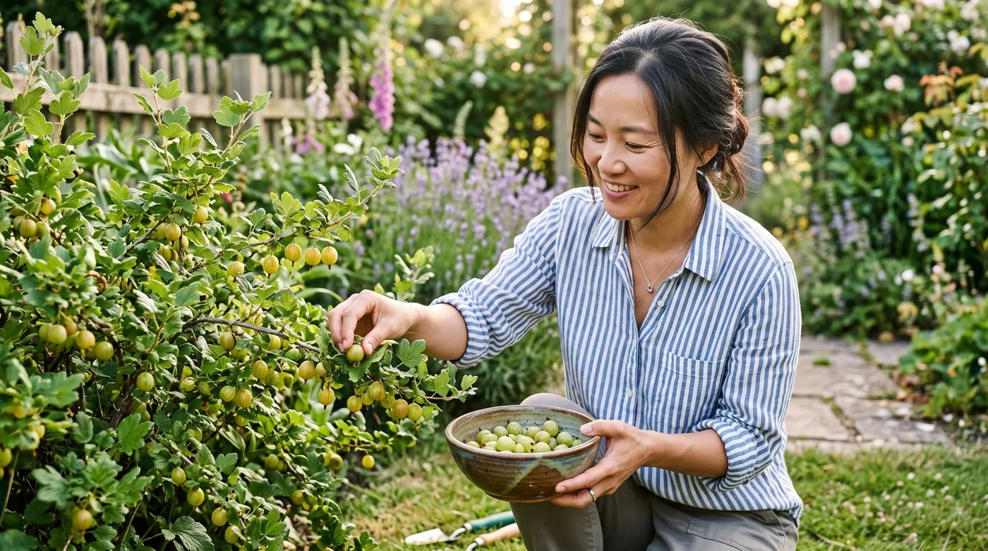A gardener picking a handful of clean ripe gooseberries into a bowl from a healthy bush in summer