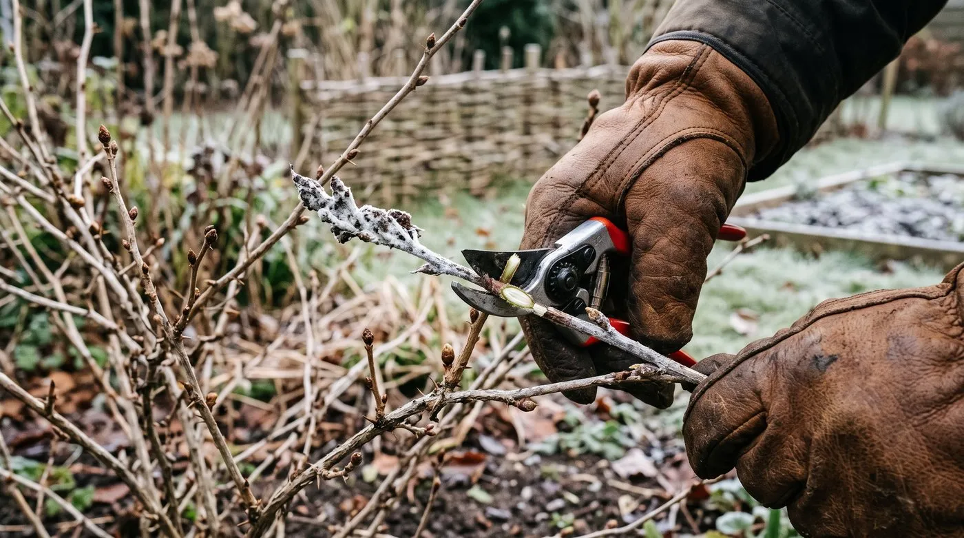 Gloved hands pruning white mildewed shoot tips off a gooseberry bush in winter with secateurs