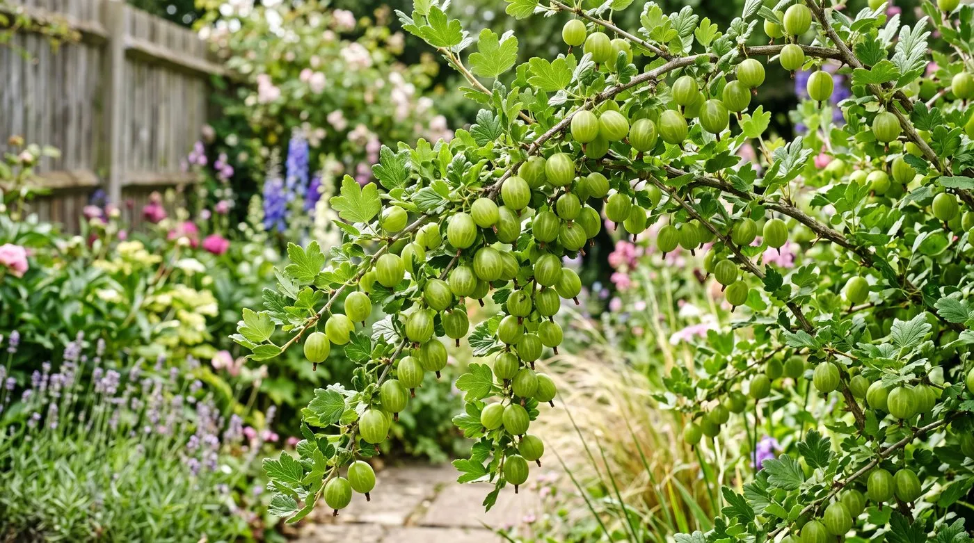 A healthy heavy crop of clean green Invicta gooseberries with no mildew on an open airy bush