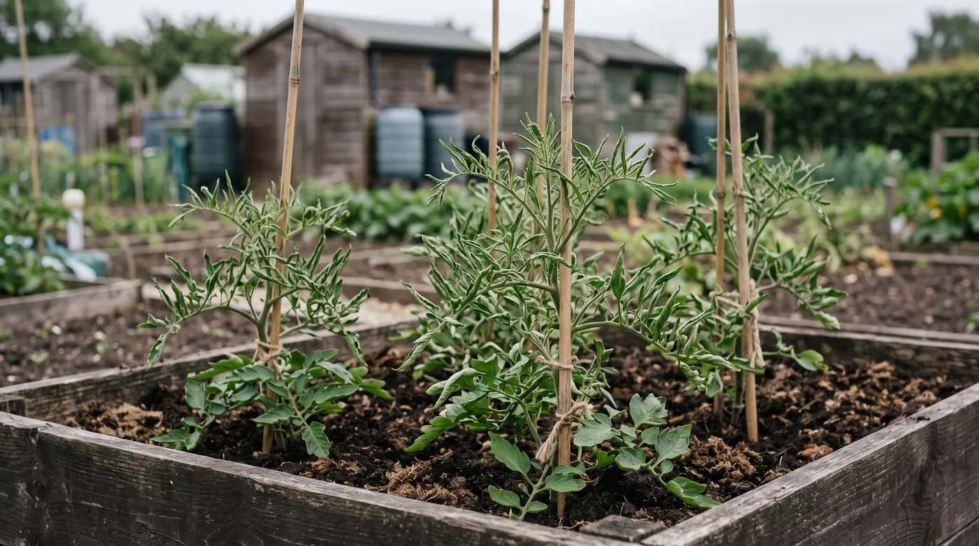 Tomato plants with ferny, twisted leaves from aminopyralid contaminated manure in a UK raised bed