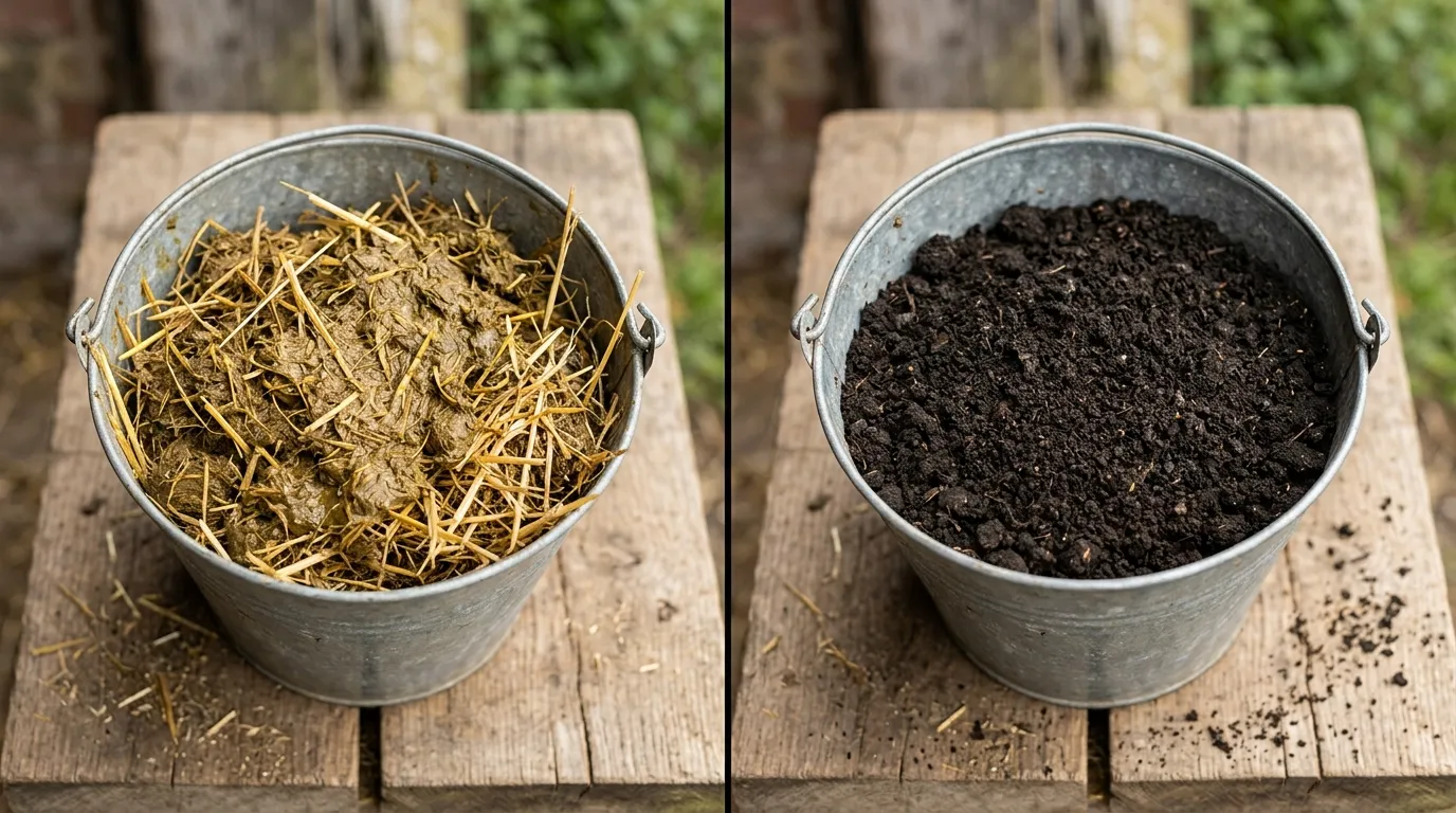 Diagnostic split frame showing fresh straw-rich manure left versus dark crumbly well-rotted manure right
