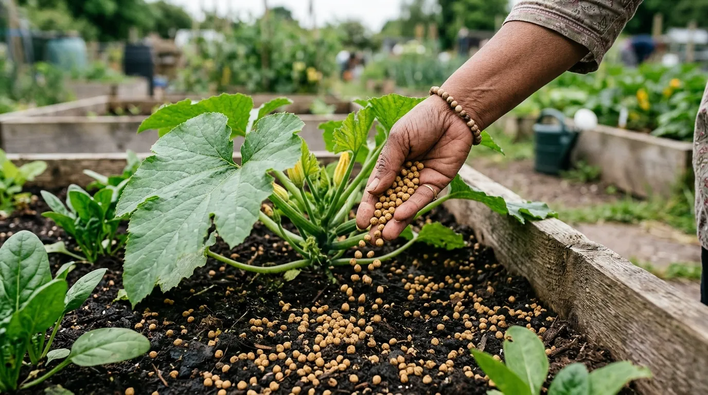 Hand scattering golden pelleted chicken manure around a courgette plant in a raised bed