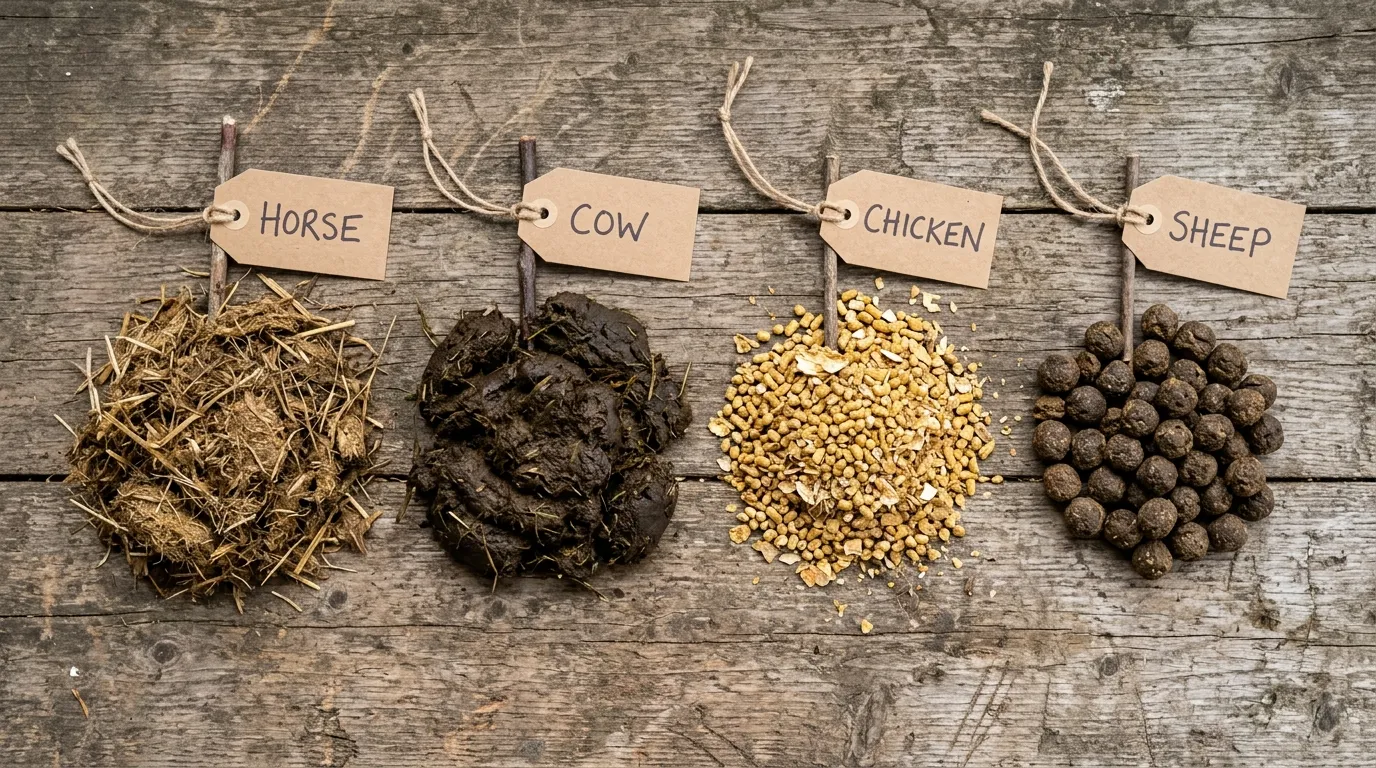Diagnostic four-pile comparison of horse, cow, chicken and sheep manure on a wooden bench with handwritten labels