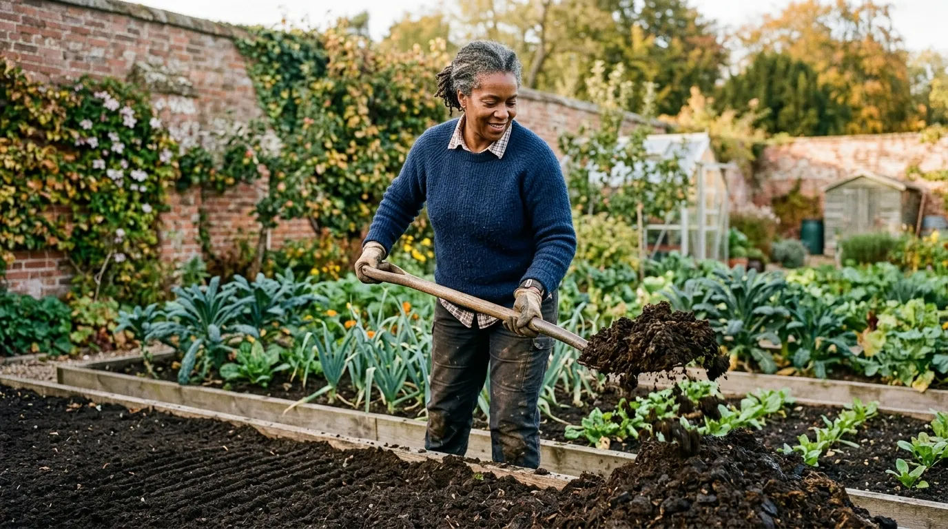 Well-rotted dark cow manure being spread across a walled Yorkshire kitchen garden bed with a garden fork