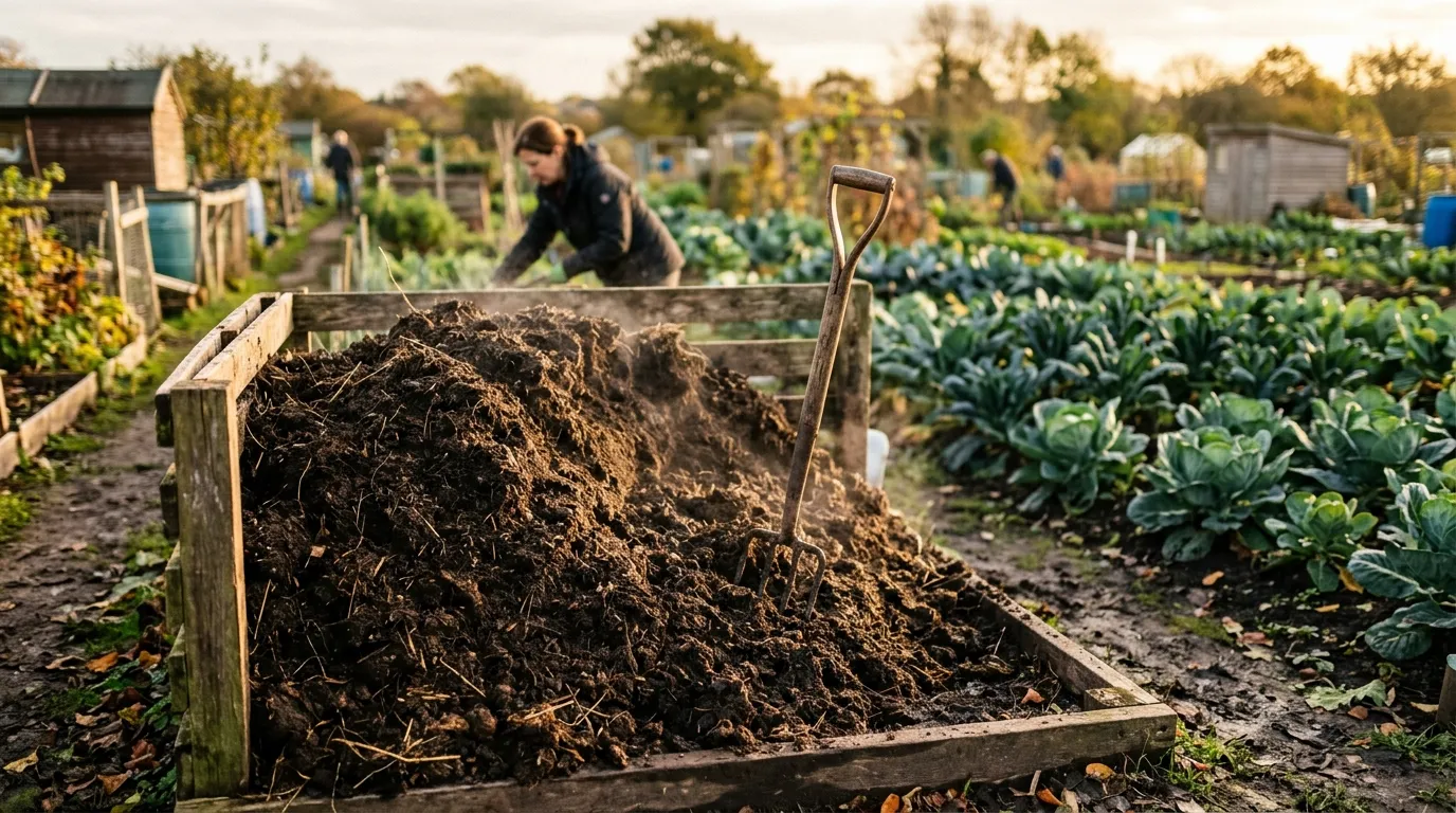 Well-rotted animal manure heap with garden fork on a Lancashire allotment in autumn