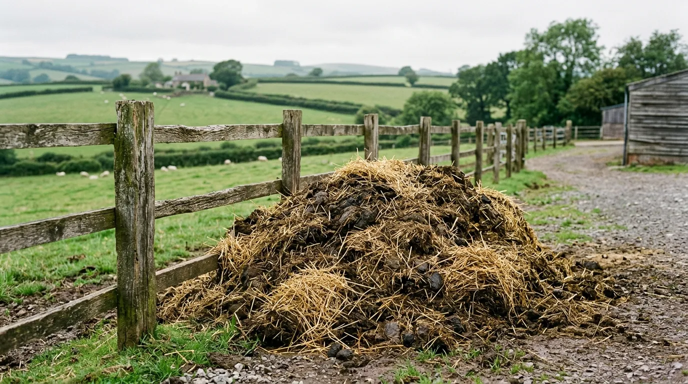 Fresh straw-rich horse manure pile beside a livery yard fence in rural Devon