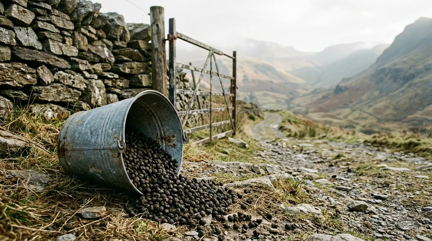 Dried sheep manure pellets in an upturned galvanised bucket beside a Lake District hill farm gate