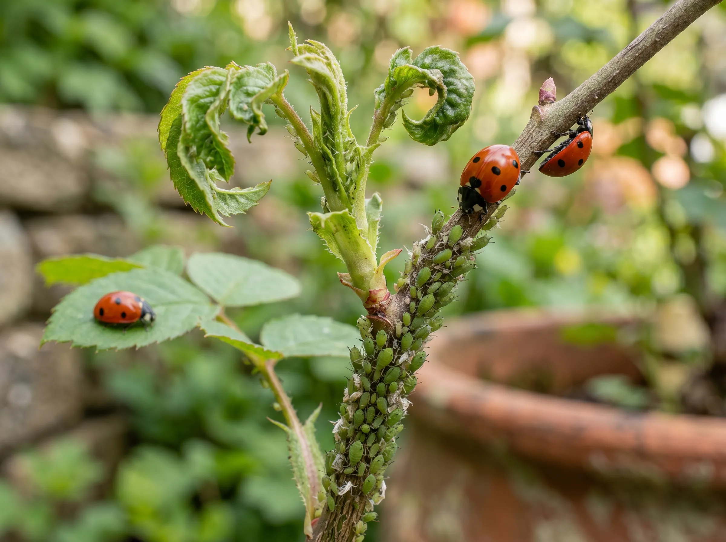 Close-up macro photograph of a UK garden plant stem in spring covered in dense green aphid colony with curled distorted new leaves visible above, a couple of ladybirds in the frame approaching the colony