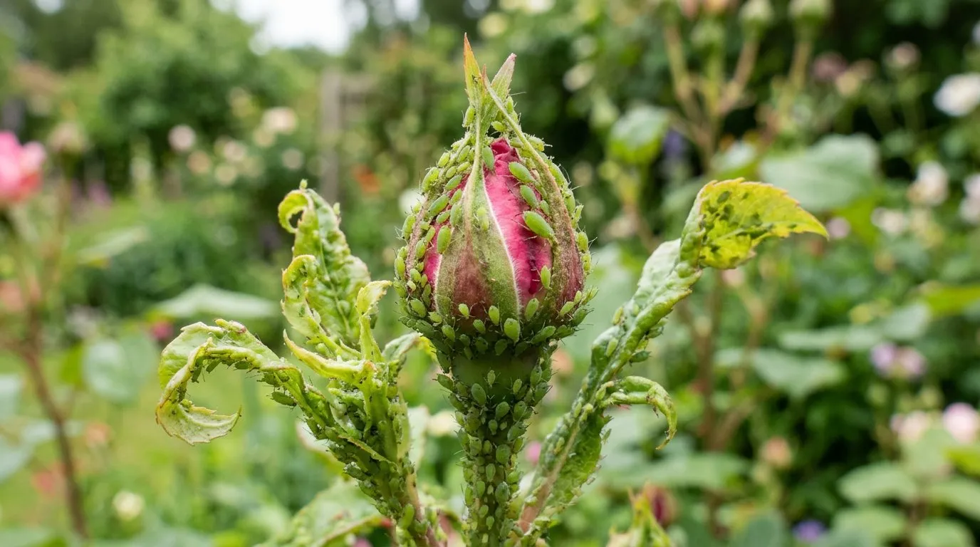Dense aphid colony clustered on a rose bud with distorted leaves