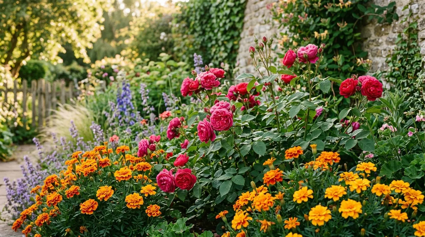 Companion planting marigolds to repel aphids alongside roses in a UK garden