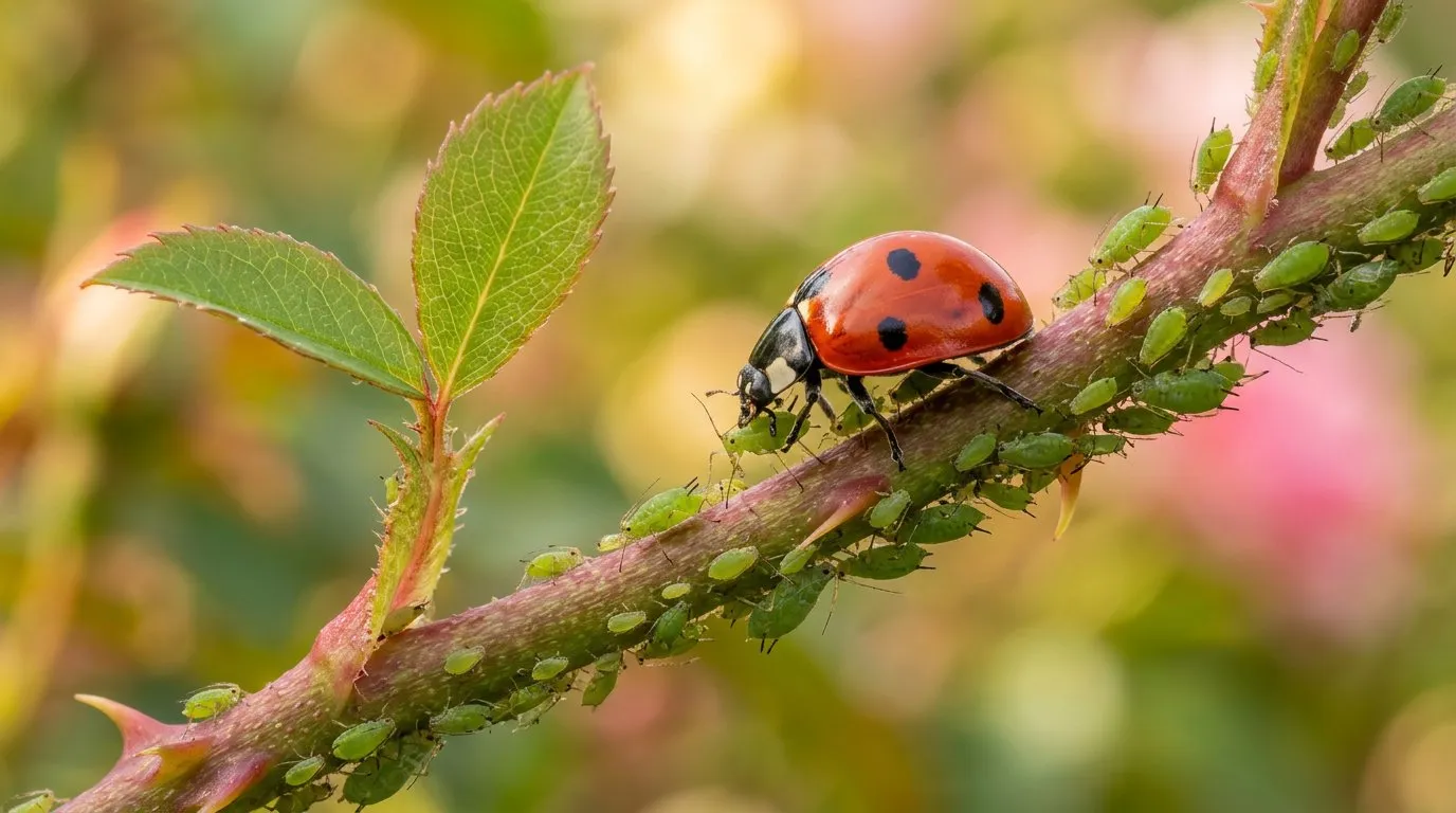 Ladybird eating aphids on a rose stem in a UK garden