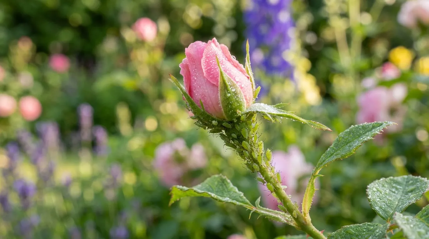 Dense colony of green aphids clustered on the tender new shoot tips of a rose plant in a UK garden