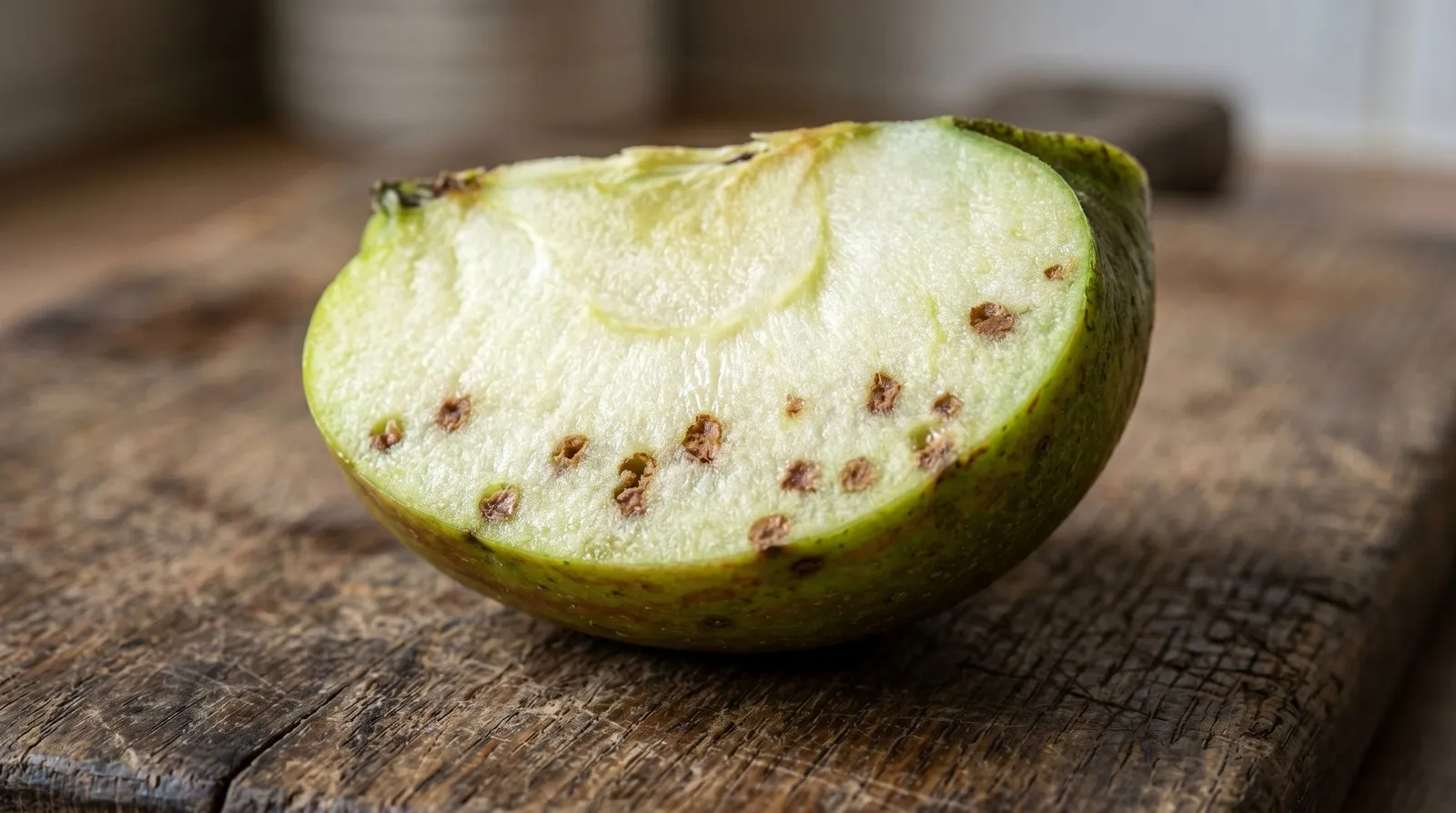 A Bramley apple cut in half showing the small brown sunken corky spots of bitter pit scattered through the pale flesh