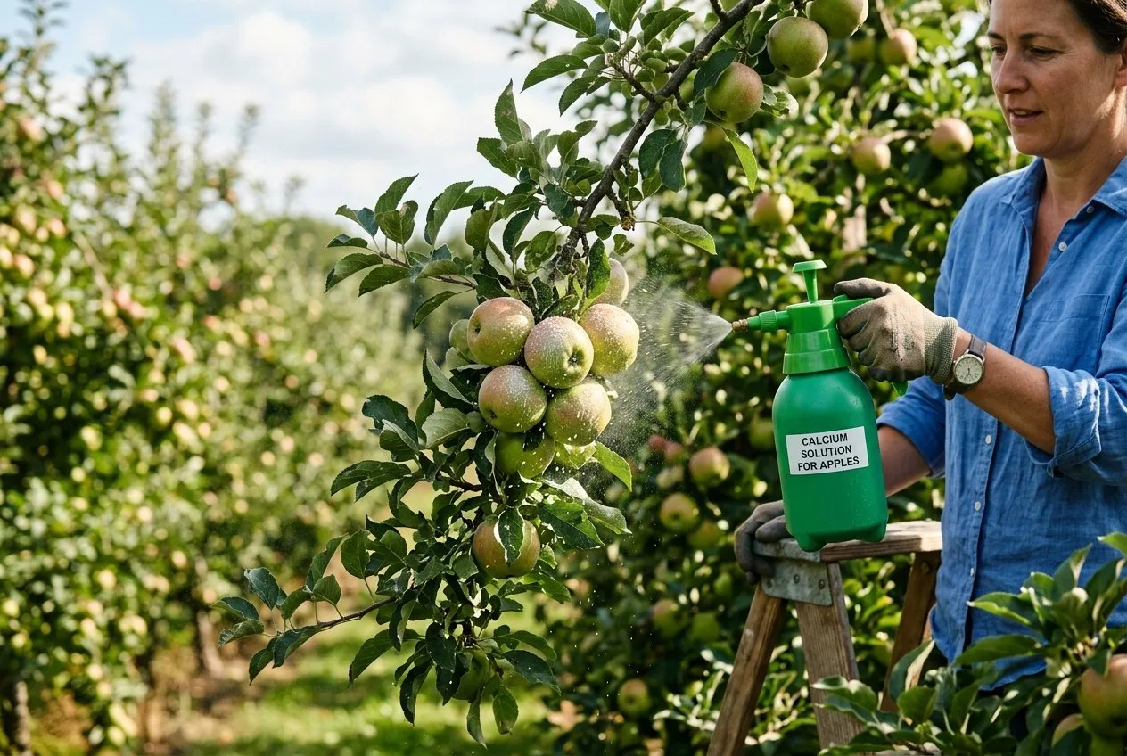 A garden sprayer applying calcium solution to apples on a tree in summer to prevent bitter pit
