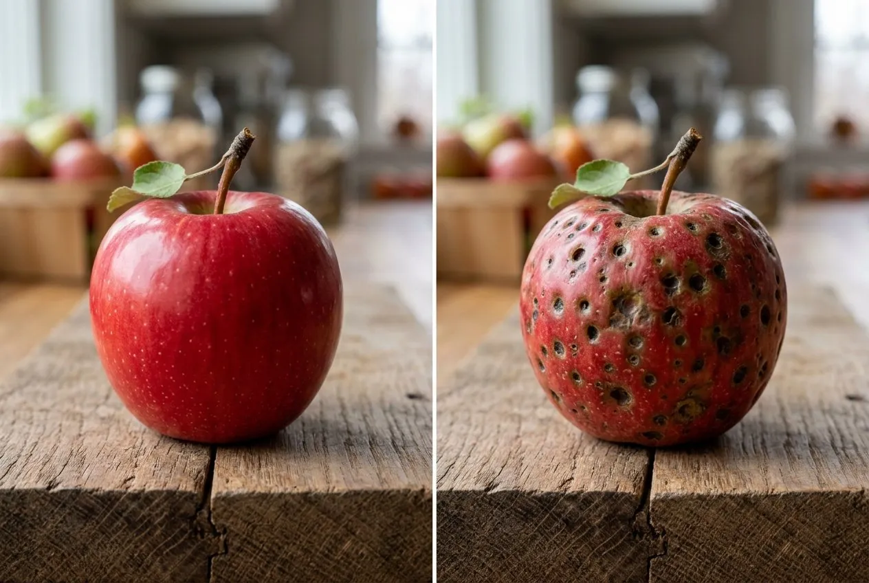 Side-by-side of a clean unblemished apple and a bitter-pit-marked apple with sunken brown skin spots