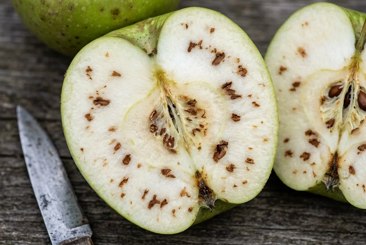 Halved apple showing brown flecks of dead cells scattered through the white flesh, classic bitter pit