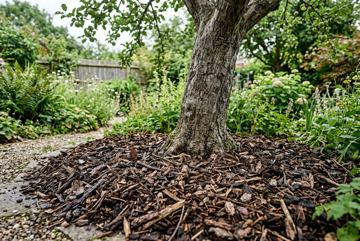 A thick organic mulch spread around the base of an apple tree to hold even soil moisture