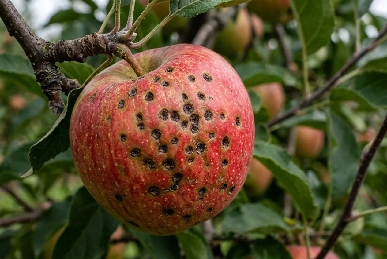 Close-up of an apple skin covered in small dark sunken bitter pit spots on the tree