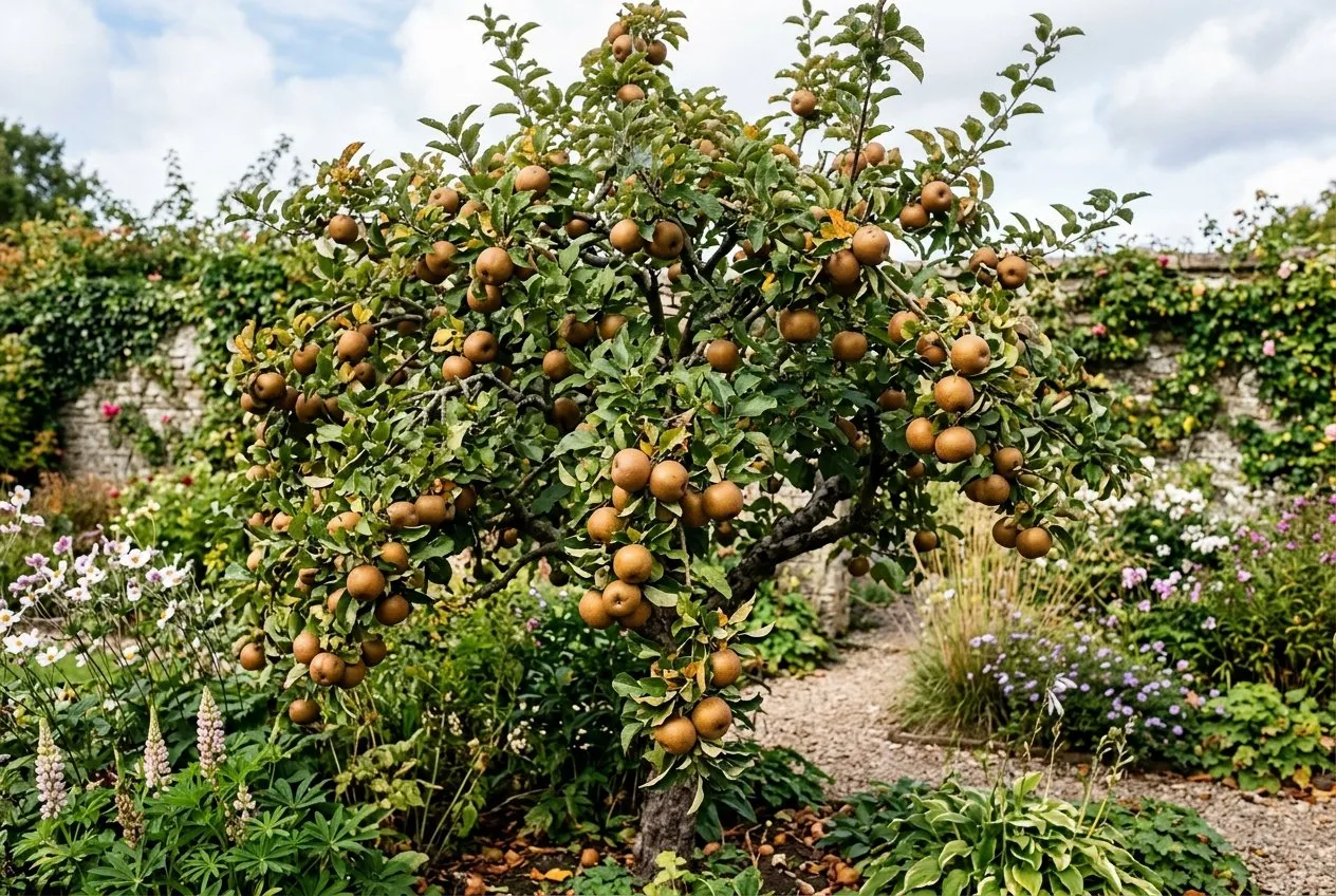 A vigorous Egremont Russet apple tree carrying large fruit, a variety prone to bitter pit