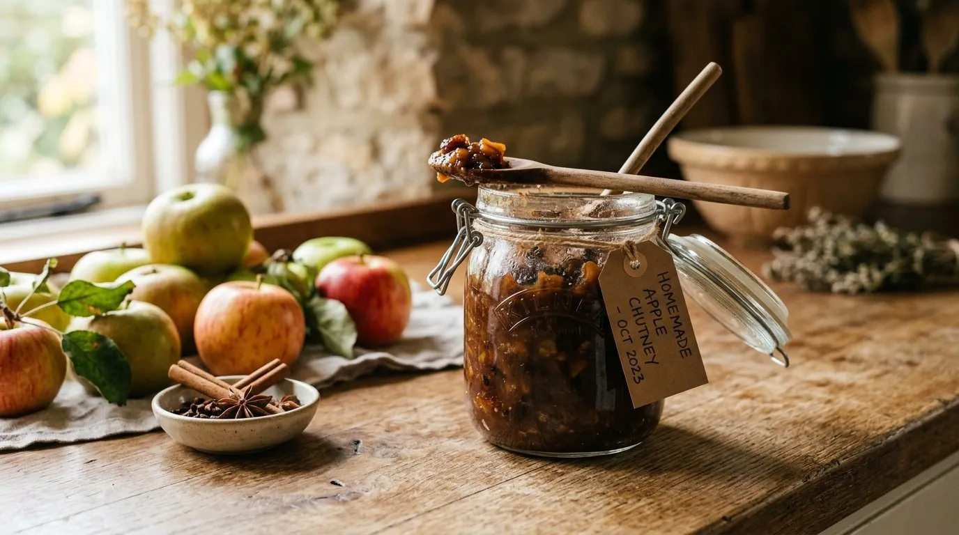 Apple chutney in glass Kilner jars next to fresh garden Bramley apples and warming spices in a UK autumn kitchen