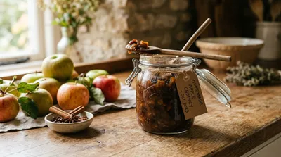 Apple chutney in glass Kilner jars next to fresh garden Bramley apples and warming spices in a UK autumn kitchen