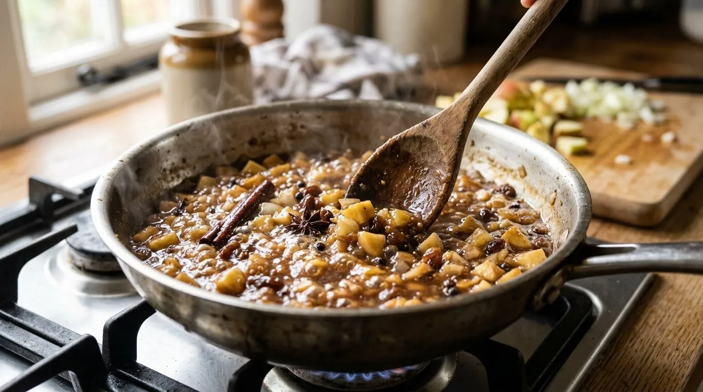UK apple chutney simmering in a stainless steel pan with chopped apples onions raisins and spices